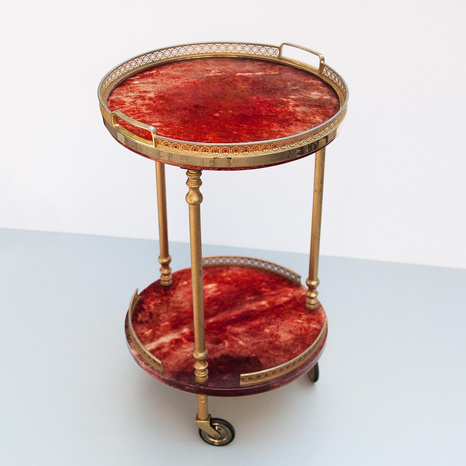 Mid-Century Modern Aldo Tura Round Red Goatskin Bar Cart Tray For Sale