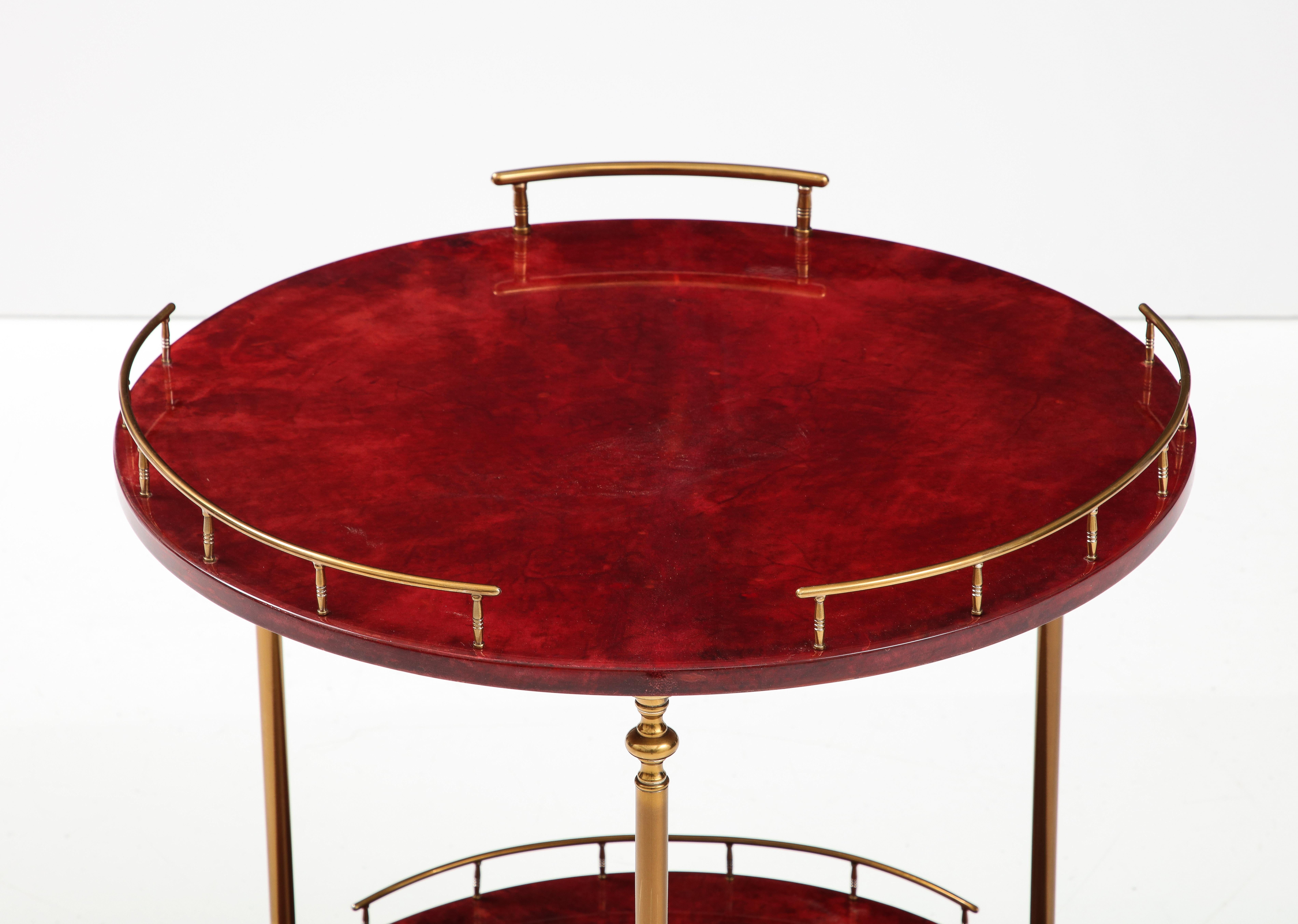Aldo Tura Ruby Red Goatskin Bar Cart In Good Condition For Sale In New York, NY