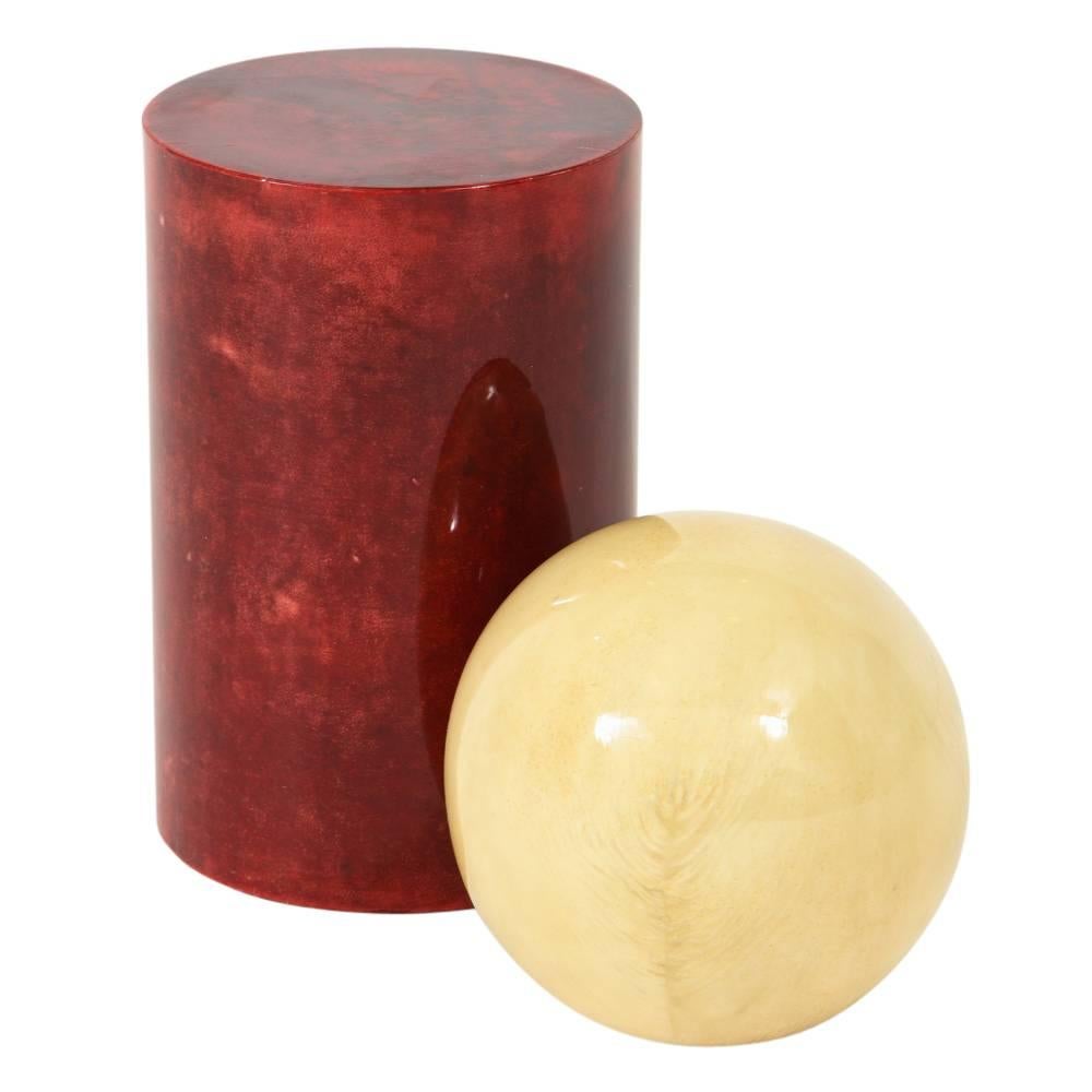 Mid-Century Modern Aldo Tura Sculpture, Red, Cream, Geometric, Lacquered Goatskin, Signed For Sale