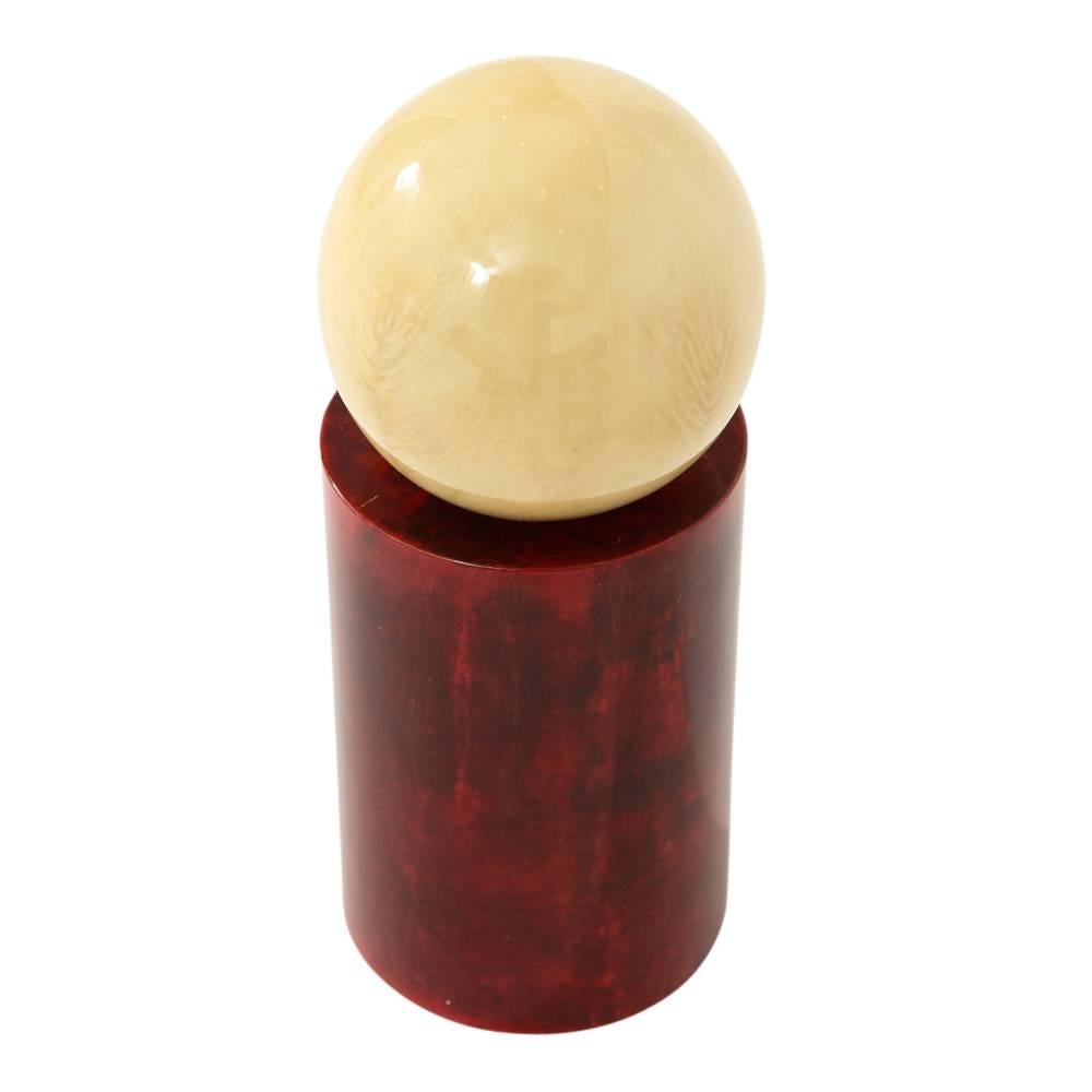 Aldo Tura Sculpture, Red, Cream, Geometric, Lacquered Goatskin, Signed In Good Condition For Sale In New York, NY