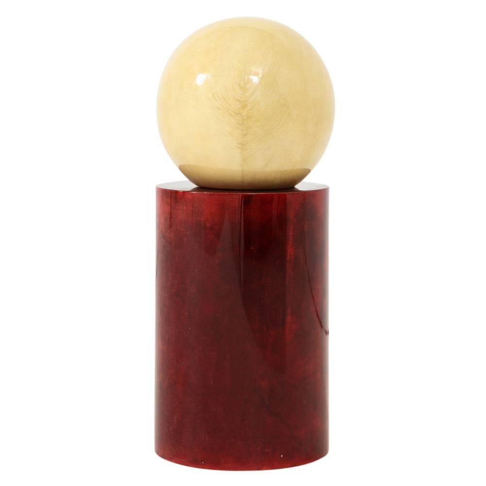 Late 20th Century Aldo Tura Sculpture, Red, Cream, Geometric, Lacquered Goatskin, Signed For Sale