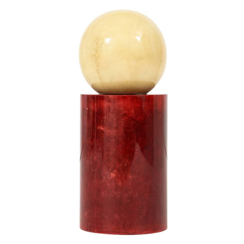 Aldo Tura Sculpture, Red, Cream, Geometric, Lacquered Goatskin, Signed For Sale 1