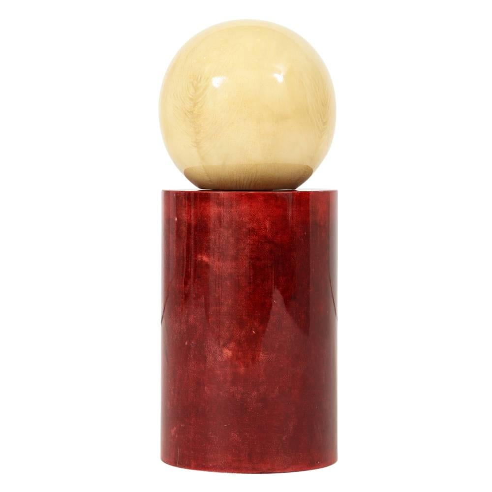 Aldo Tura Sculpture, Red, Cream, Geometric, Lacquered Goatskin, Signed For Sale 2