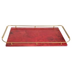 Aldo Tura Serving Bar Tray -- Red Goatskin & Brass -- Mid Century Italian