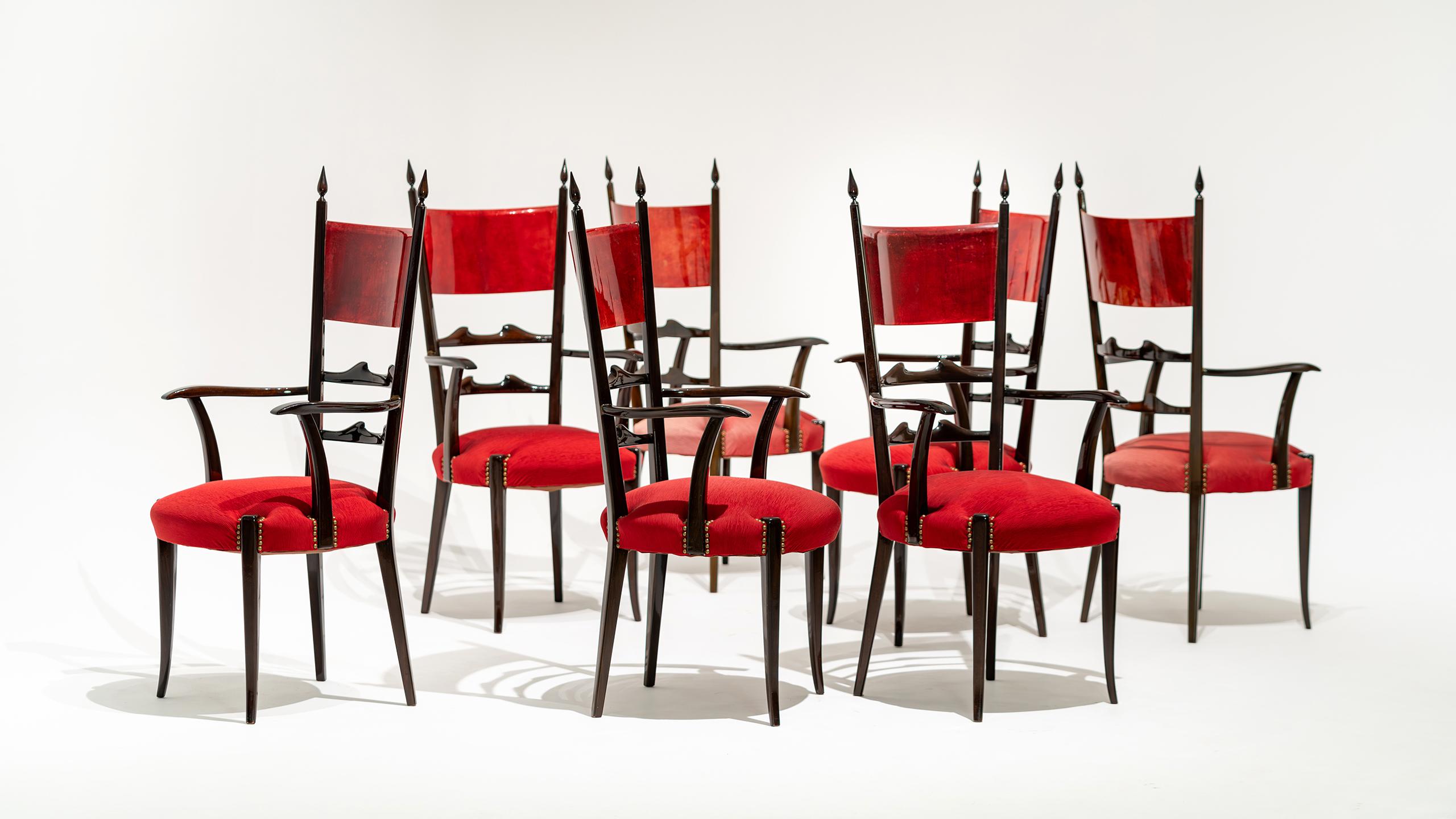 Hollywood Regency Ensemble de 8 chaises de salle à manger à haut dossier Aldo Tura, mi-siècle moderne, 1962, Italie en vente
