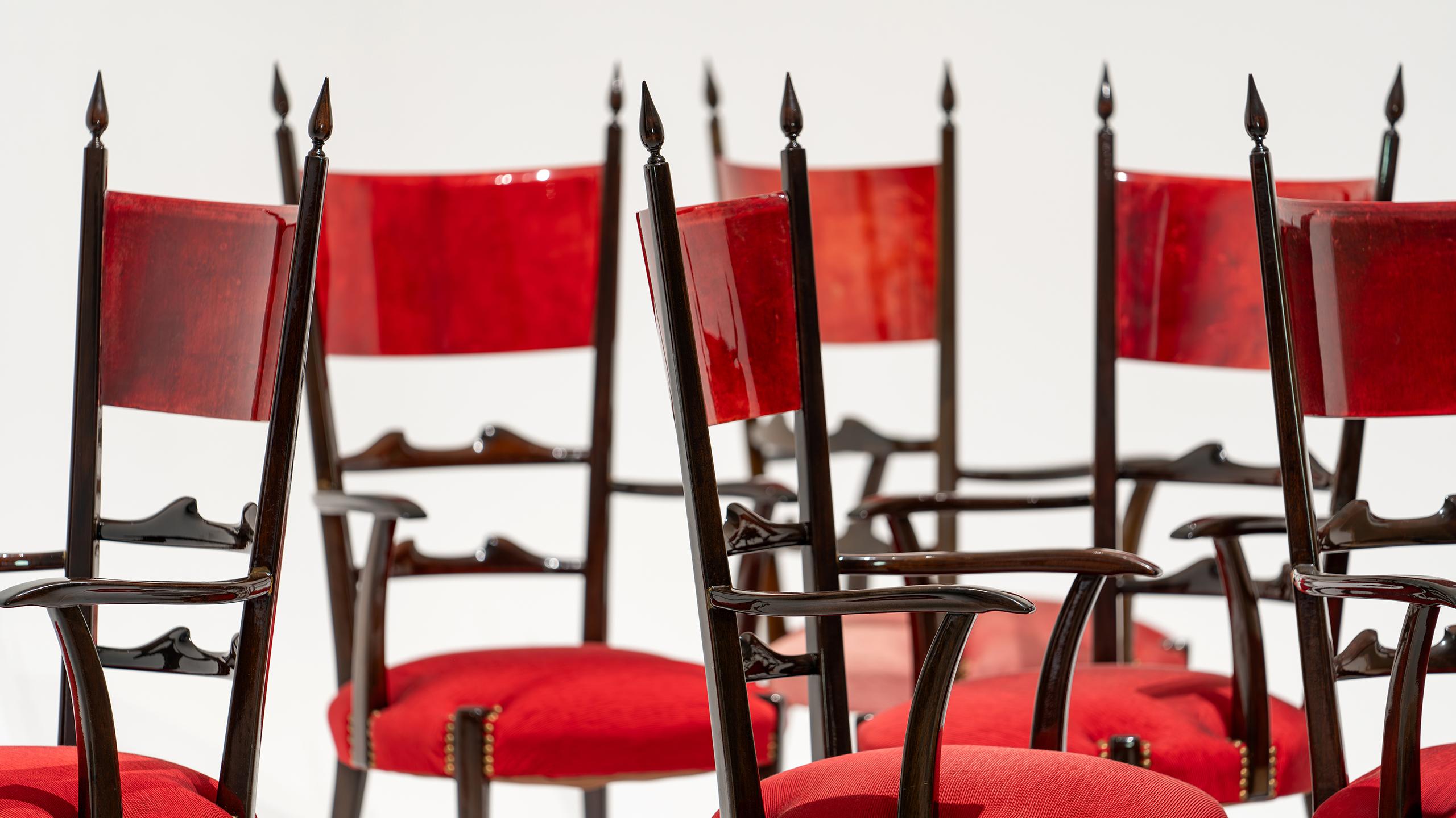 Fait main Ensemble de 8 chaises de salle à manger à haut dossier Aldo Tura, mi-siècle moderne, 1962, Italie en vente