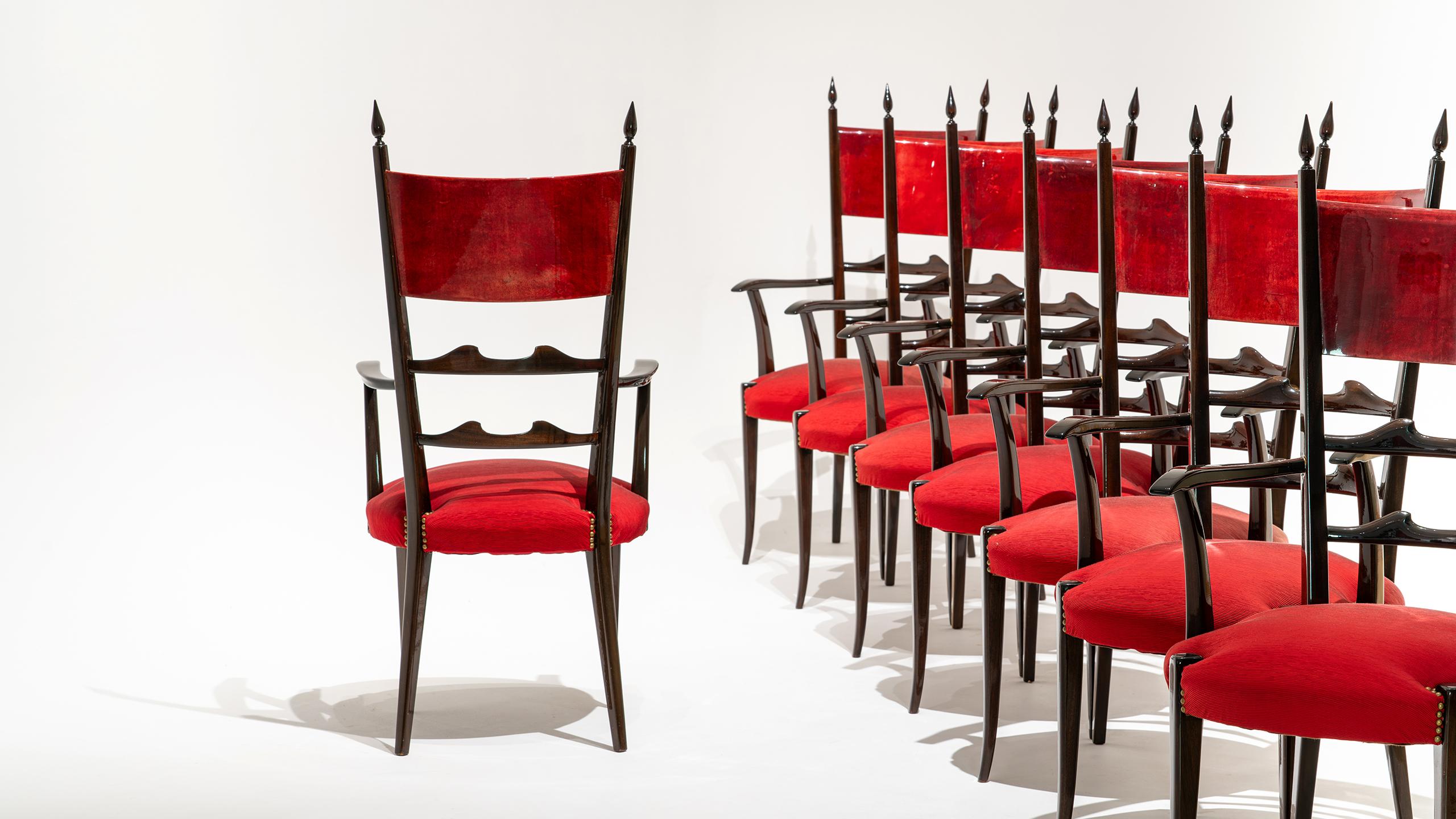 Milieu du XXe siècle Ensemble de 8 chaises de salle à manger à haut dossier Aldo Tura, mi-siècle moderne, 1962, Italie en vente