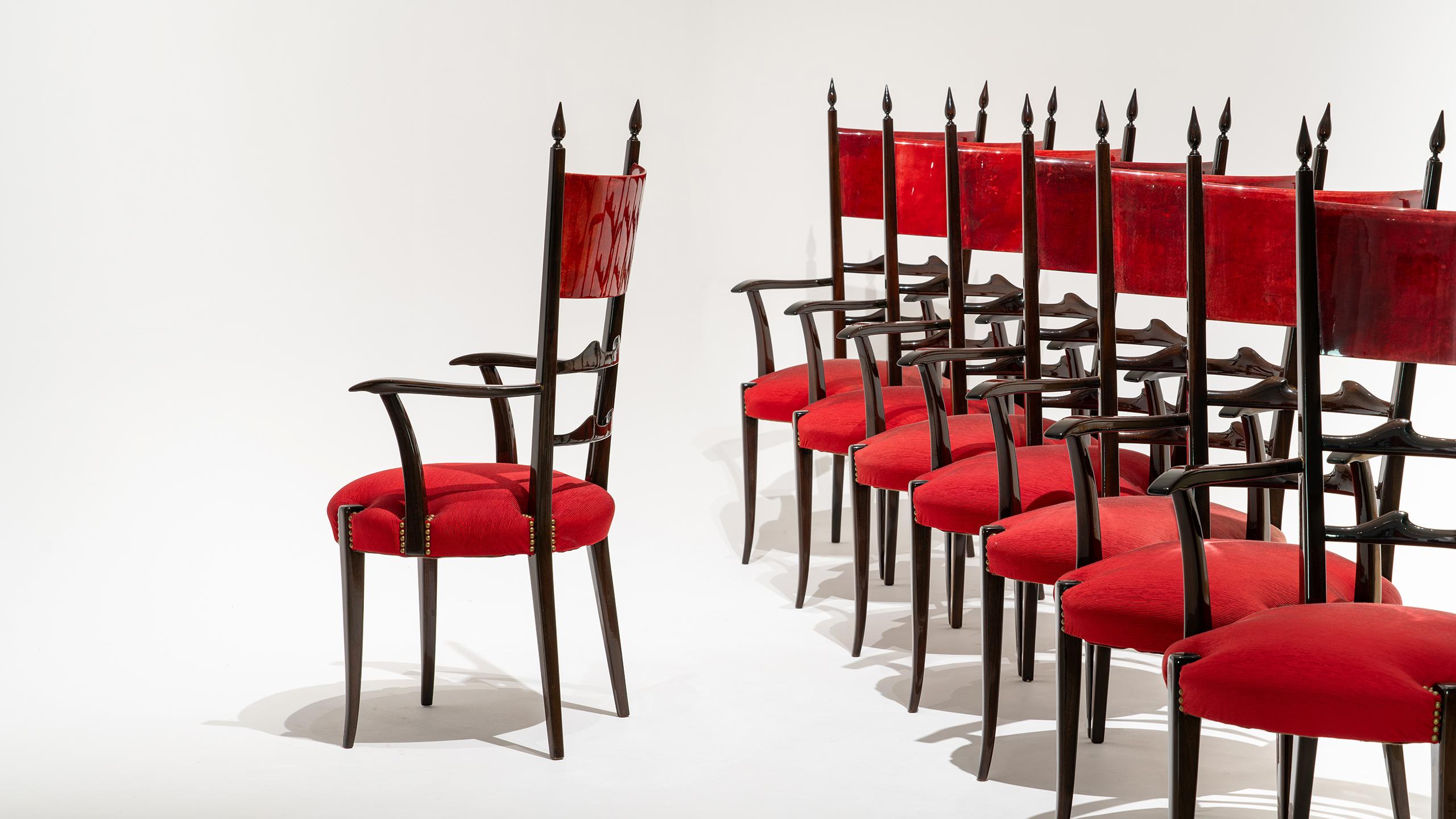 Cuir de chèvre Ensemble de 8 chaises de salle à manger à haut dossier Aldo Tura, mi-siècle moderne, 1962, Italie en vente