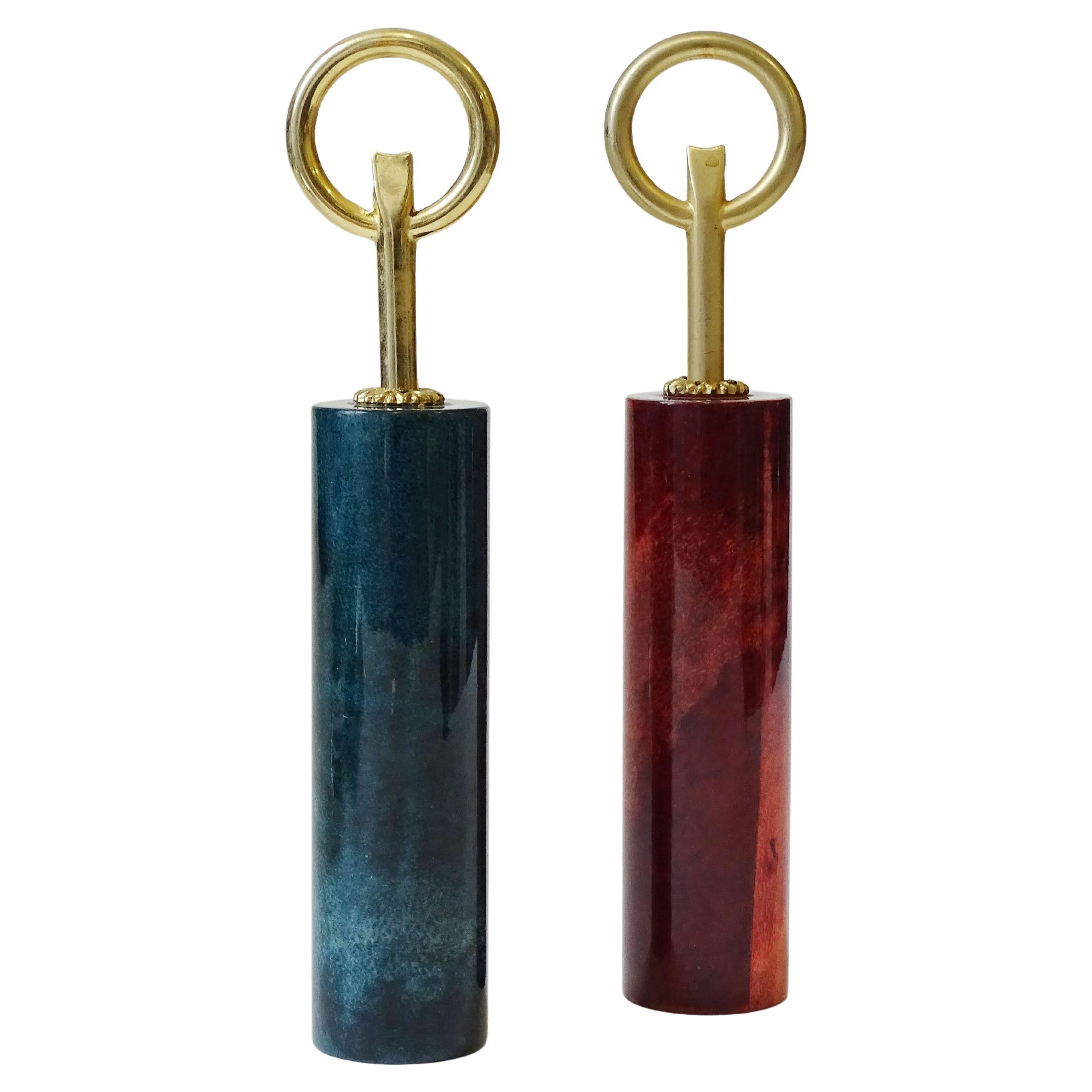 Aldo Tura Set of Two Goatskin Parchment and Brass Bottle Openers, Italy 1960s
