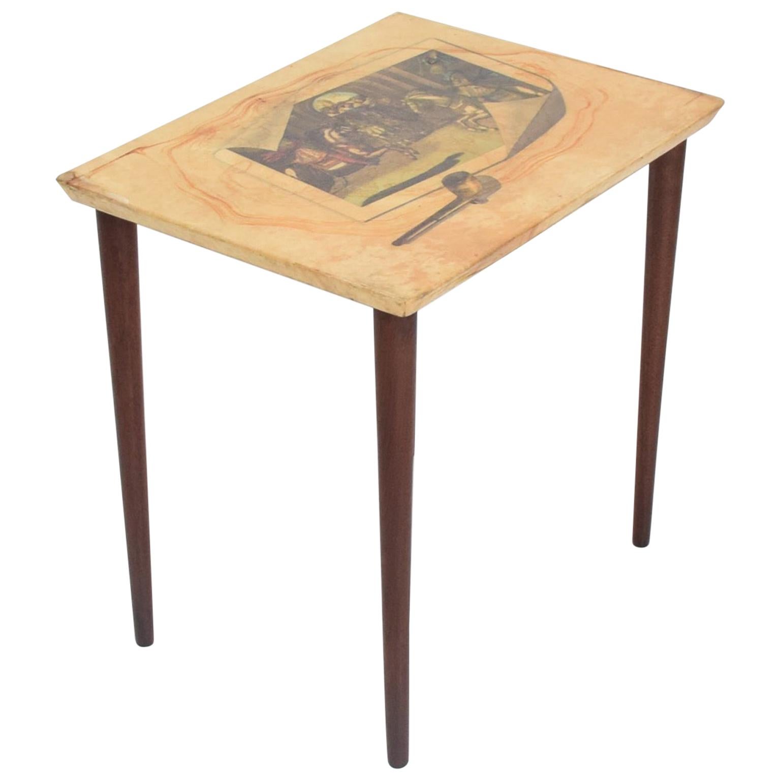 ALDO TURA Fornasetti Art Side Table in Goatskin Mahogany ITALY 1950s