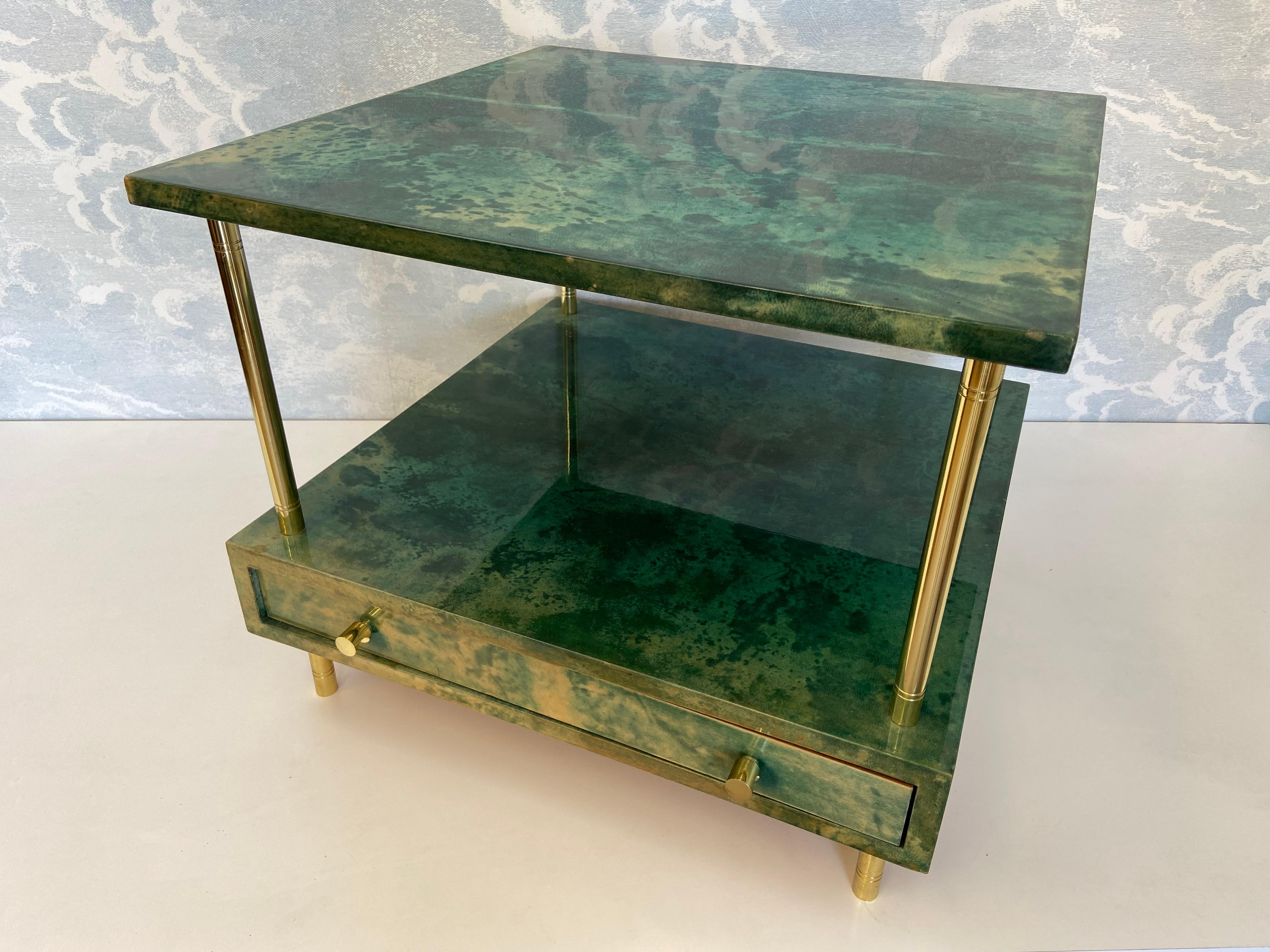 Aldo Tura Side Table in Aqua Green with Brass Legs and Bottom Drawer For Sale 3