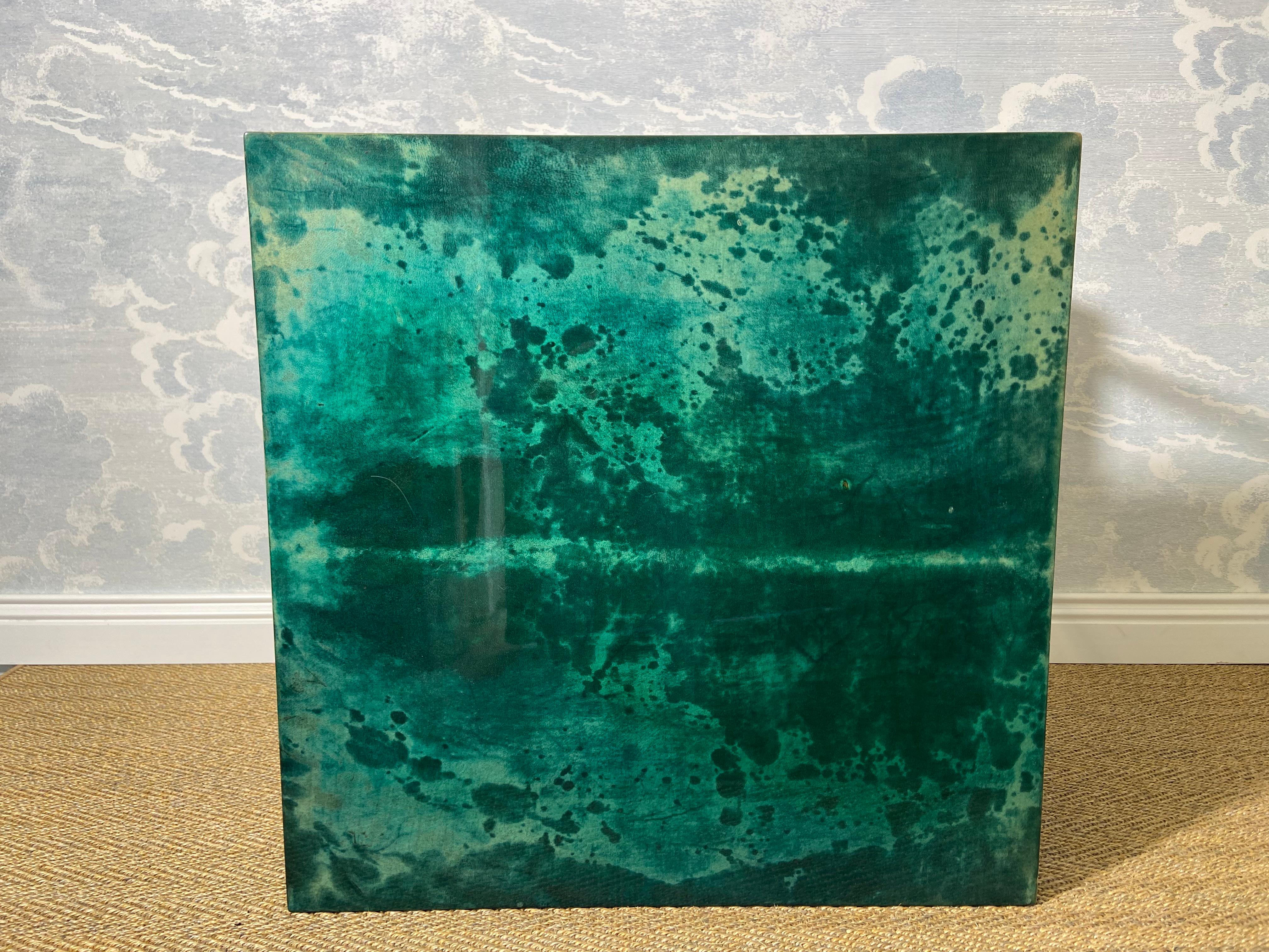 Hollywood Regency Aldo Tura Side Table in Aqua Green with Brass Legs and Bottom Drawer For Sale