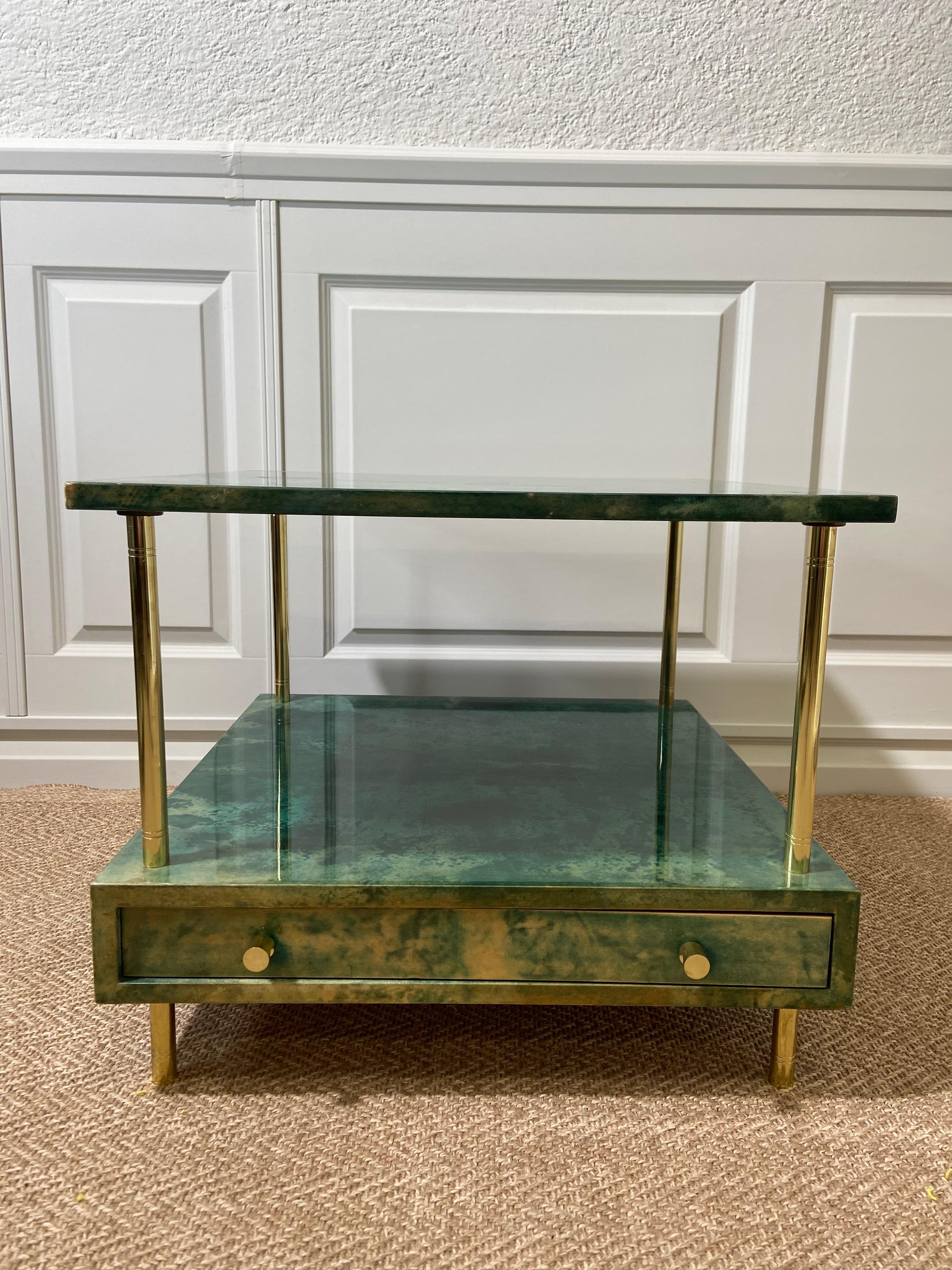 Italian Aldo Tura Side Table in Aqua Green with Brass Legs and Bottom Drawer For Sale