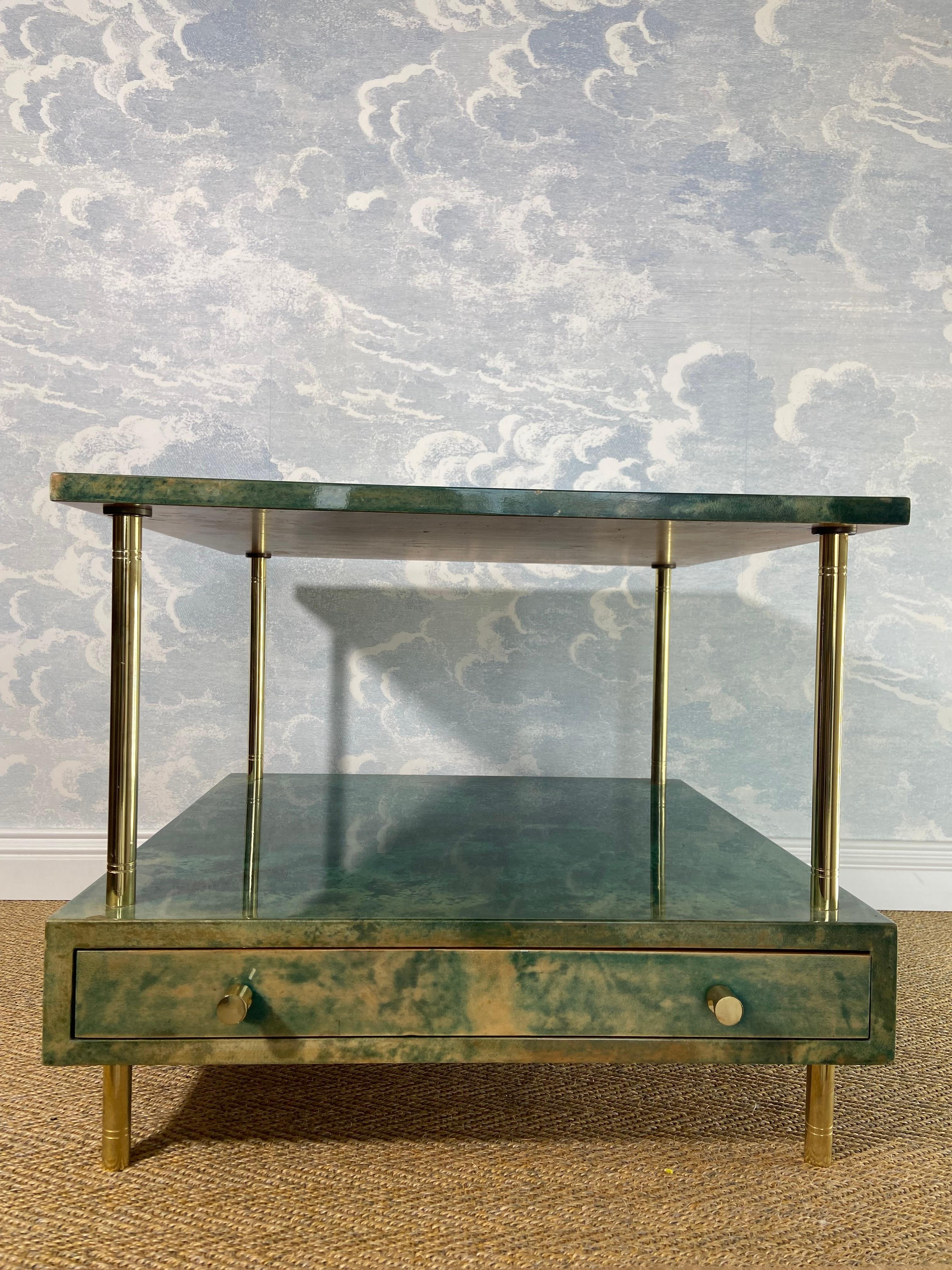 Lacquered Aldo Tura Side Table in Aqua Green with Brass Legs and Bottom Drawer For Sale