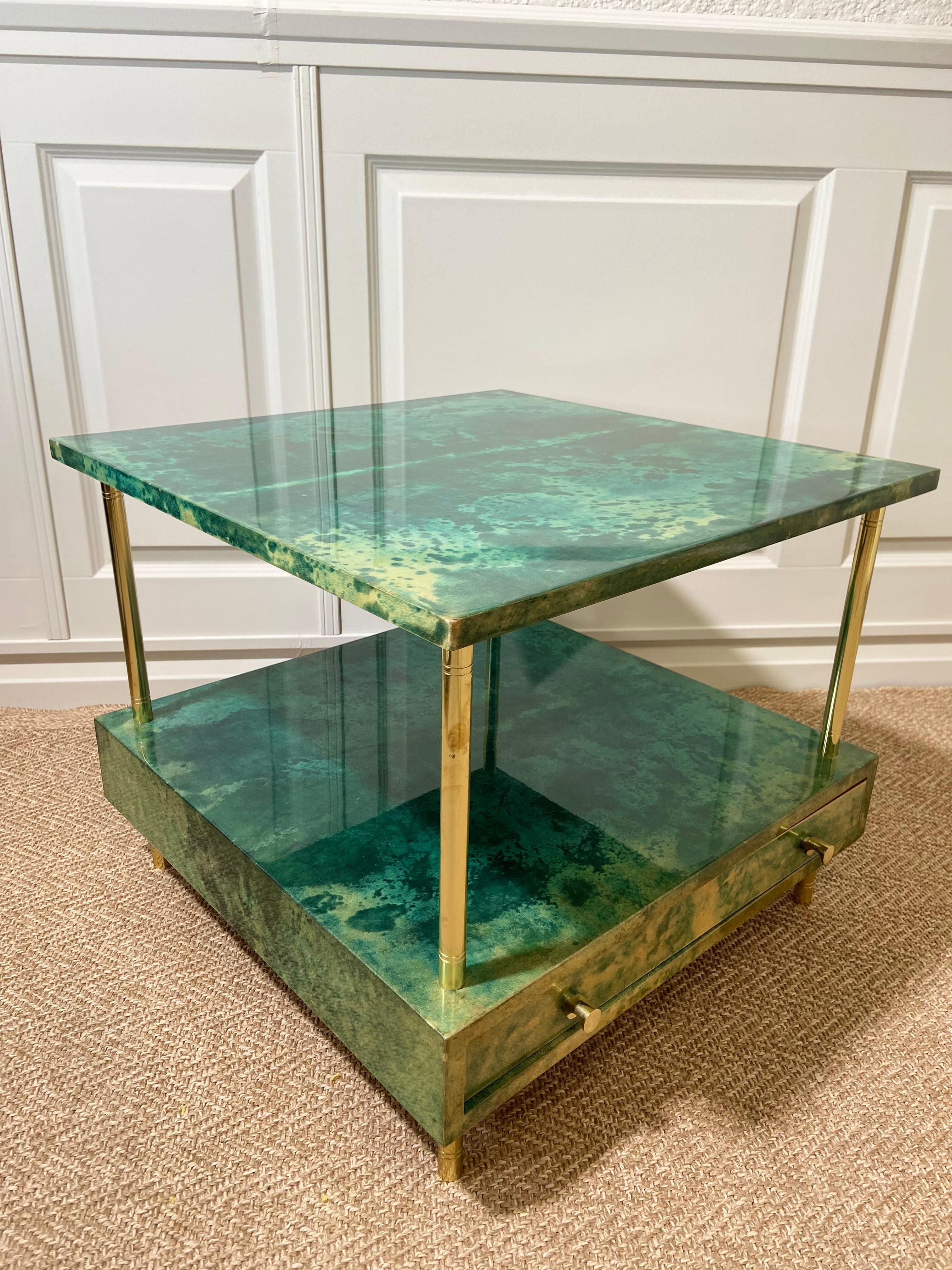 Aldo Tura Side Table in Aqua Green with Brass Legs and Bottom Drawer In Good Condition For Sale In Cork, IE