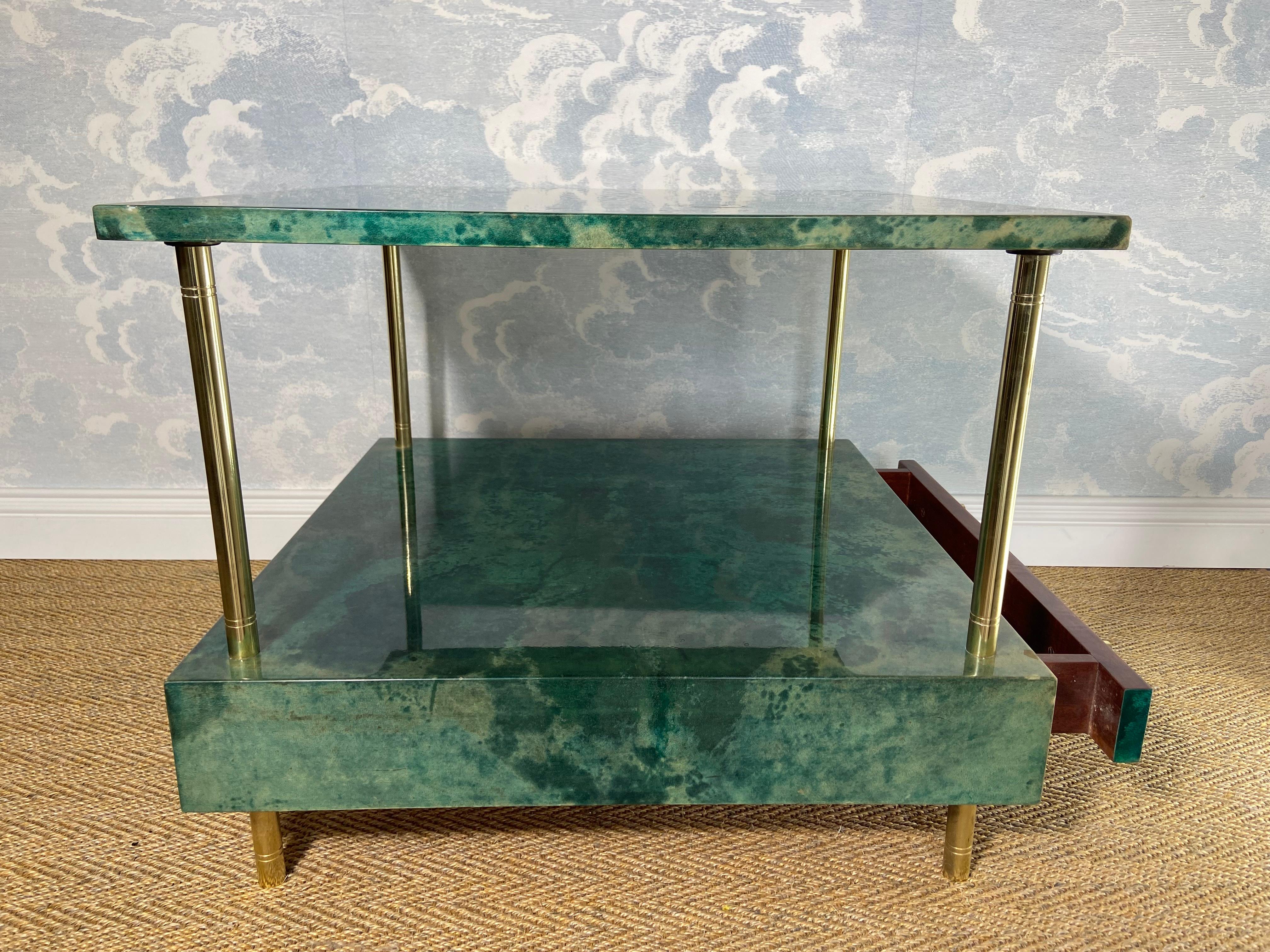 Mid-20th Century Aldo Tura Side Table in Aqua Green with Brass Legs and Bottom Drawer For Sale