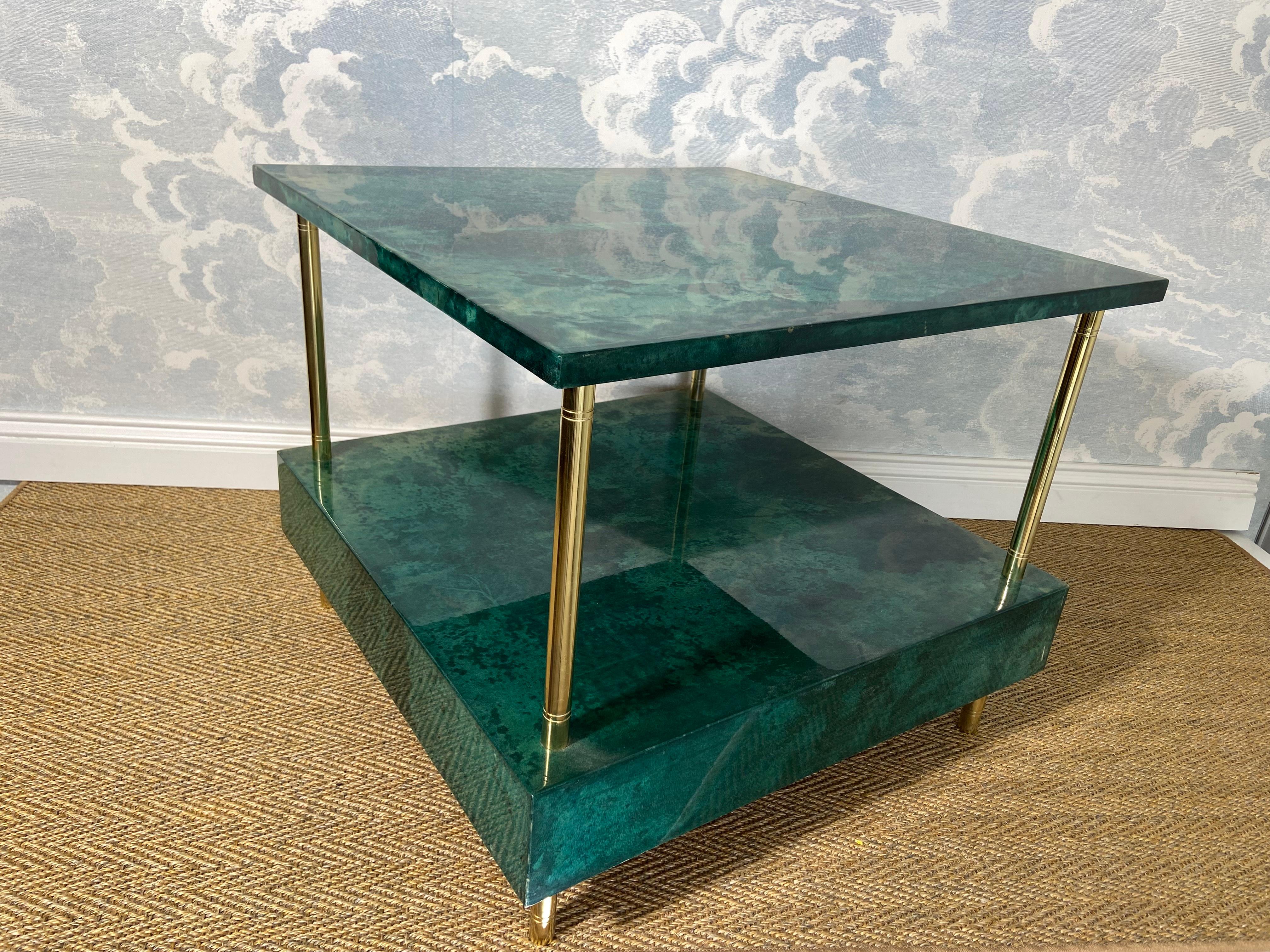 Aldo Tura Side Table in Aqua Green with Brass Legs and Bottom Drawer For Sale 1