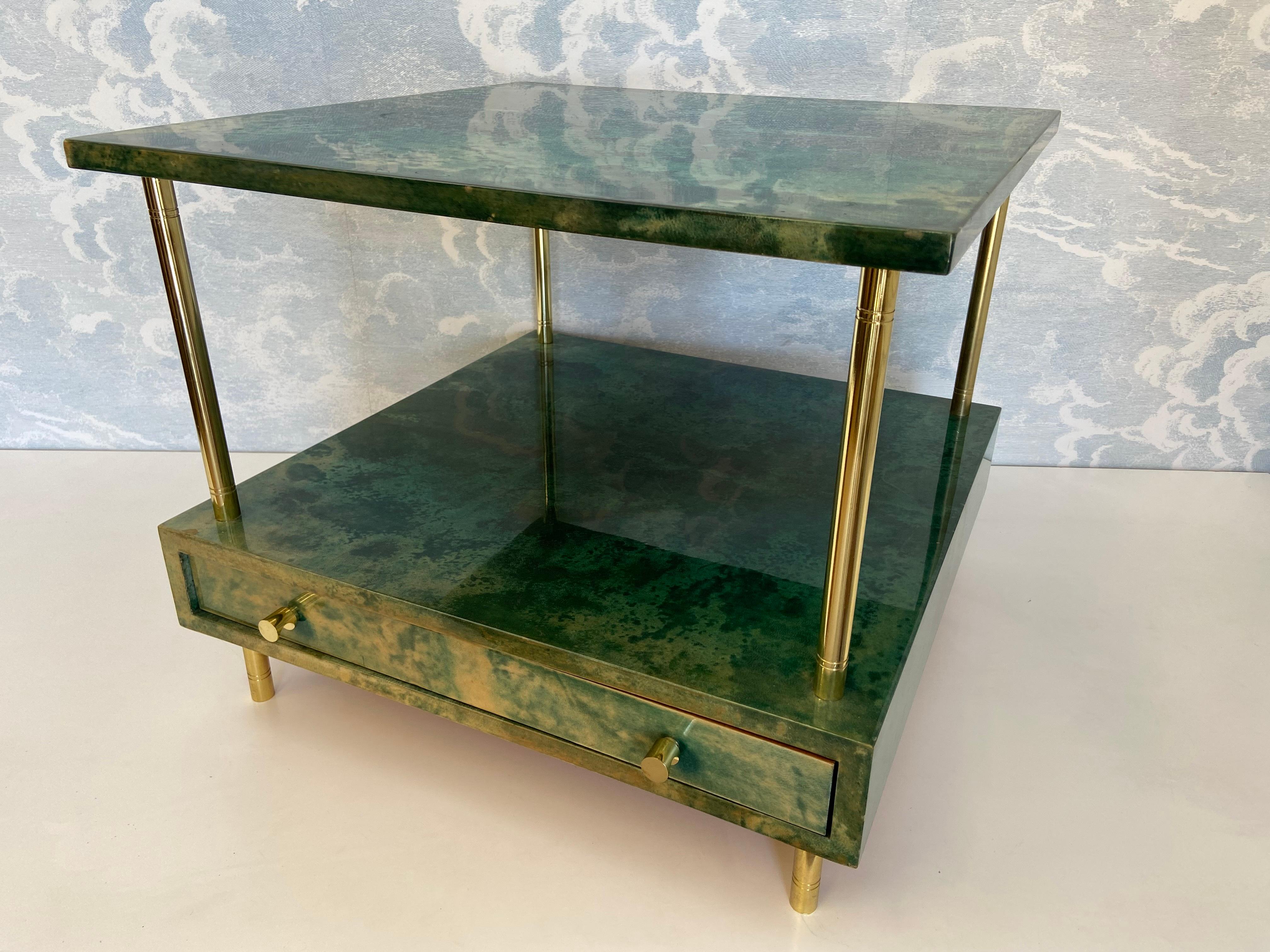 Aldo Tura Side Table in Aqua Green with Brass Legs and Bottom Drawer For Sale 2