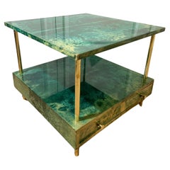 Aldo Tura Side Table in Aqua Green with Brass Legs and Bottom Drawer