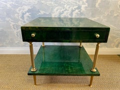 Aldo Tura Side Table in Emerald Green with Brass Legs and Two Drawers