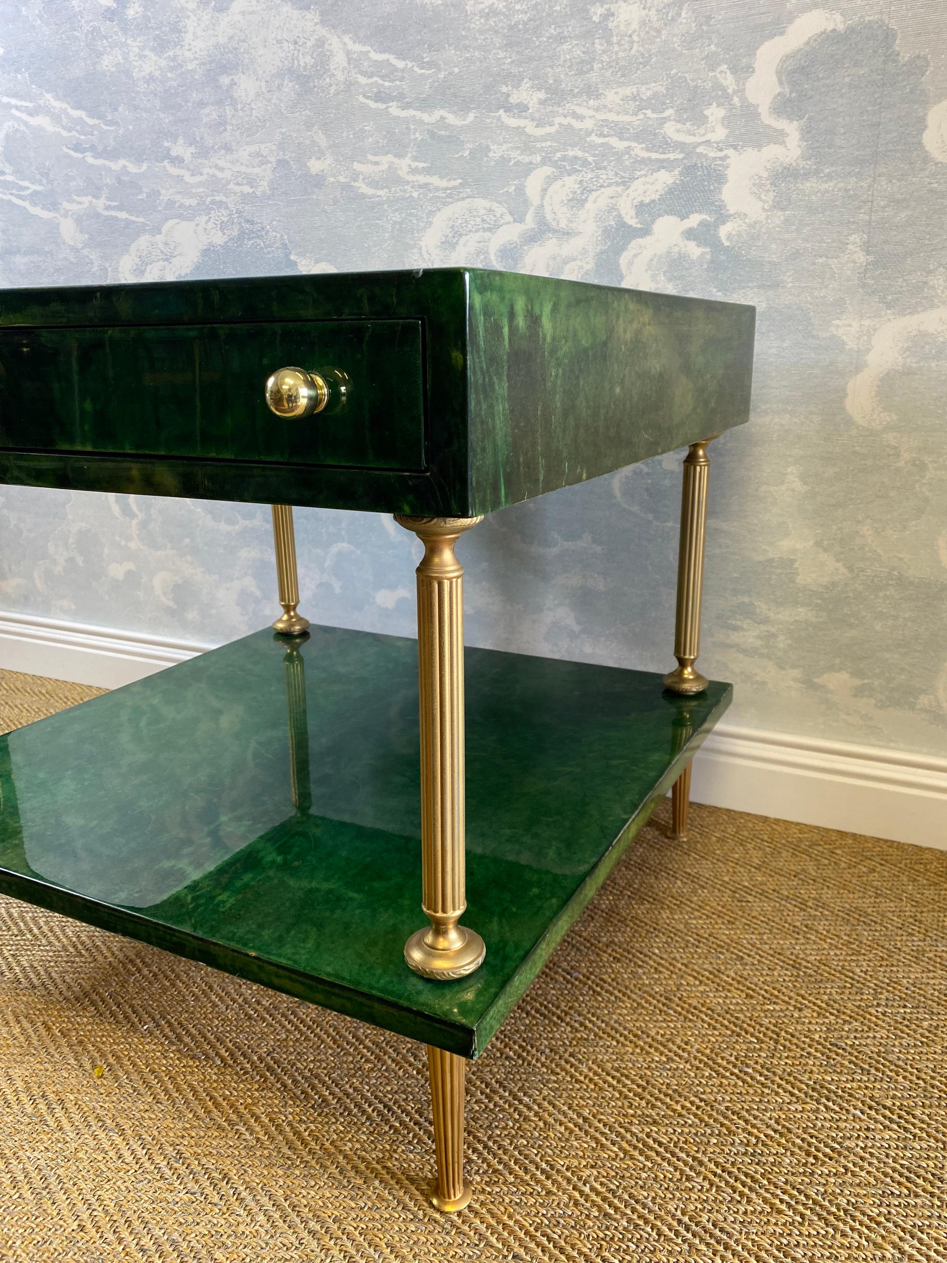 Mid-20th Century Aldo Tura Side Table in Emerald Green with Brass Legs and Two Drawers  For Sale