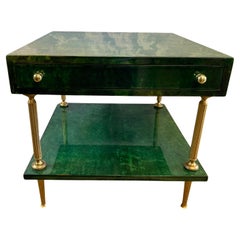 Used Aldo Tura Side Table in Emerald Green with Brass Legs and Two Drawers 