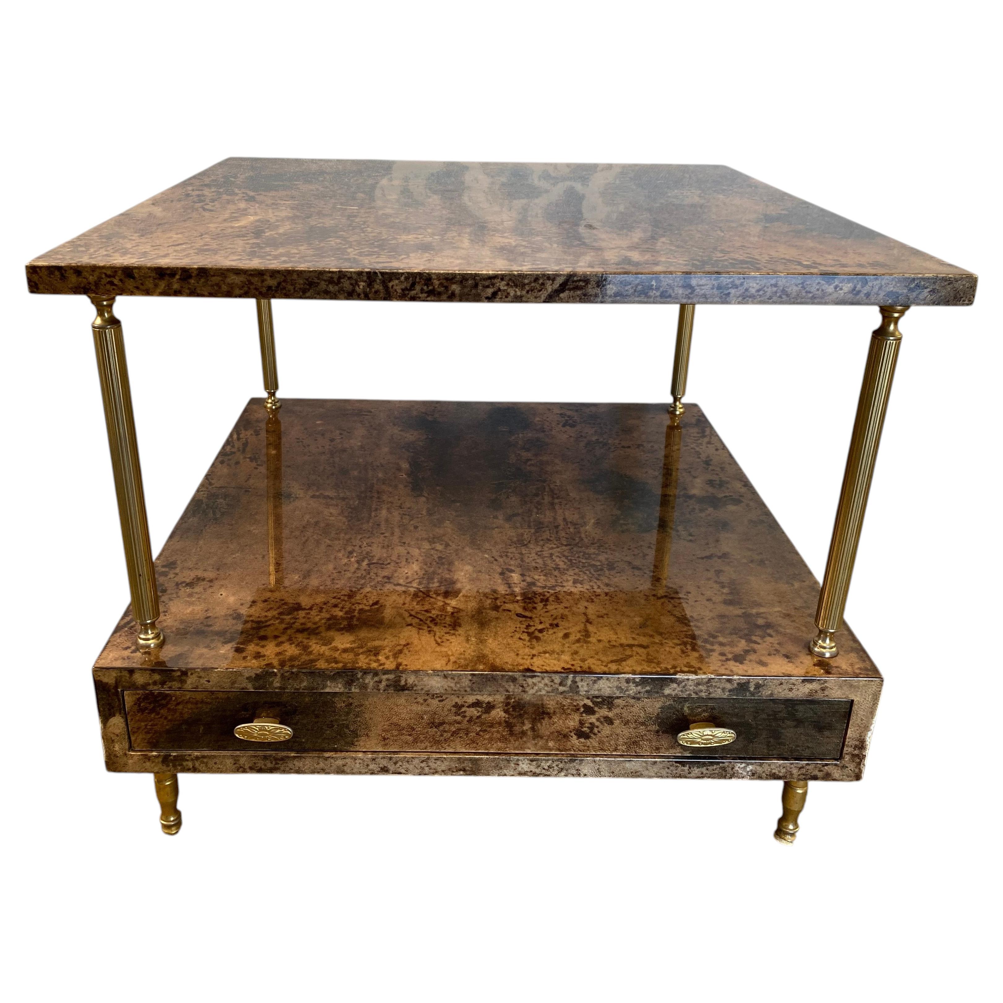 Aldo Tura Side Table in Hazel Brown Tones with Brass Legs and Bottom Drawer For Sale