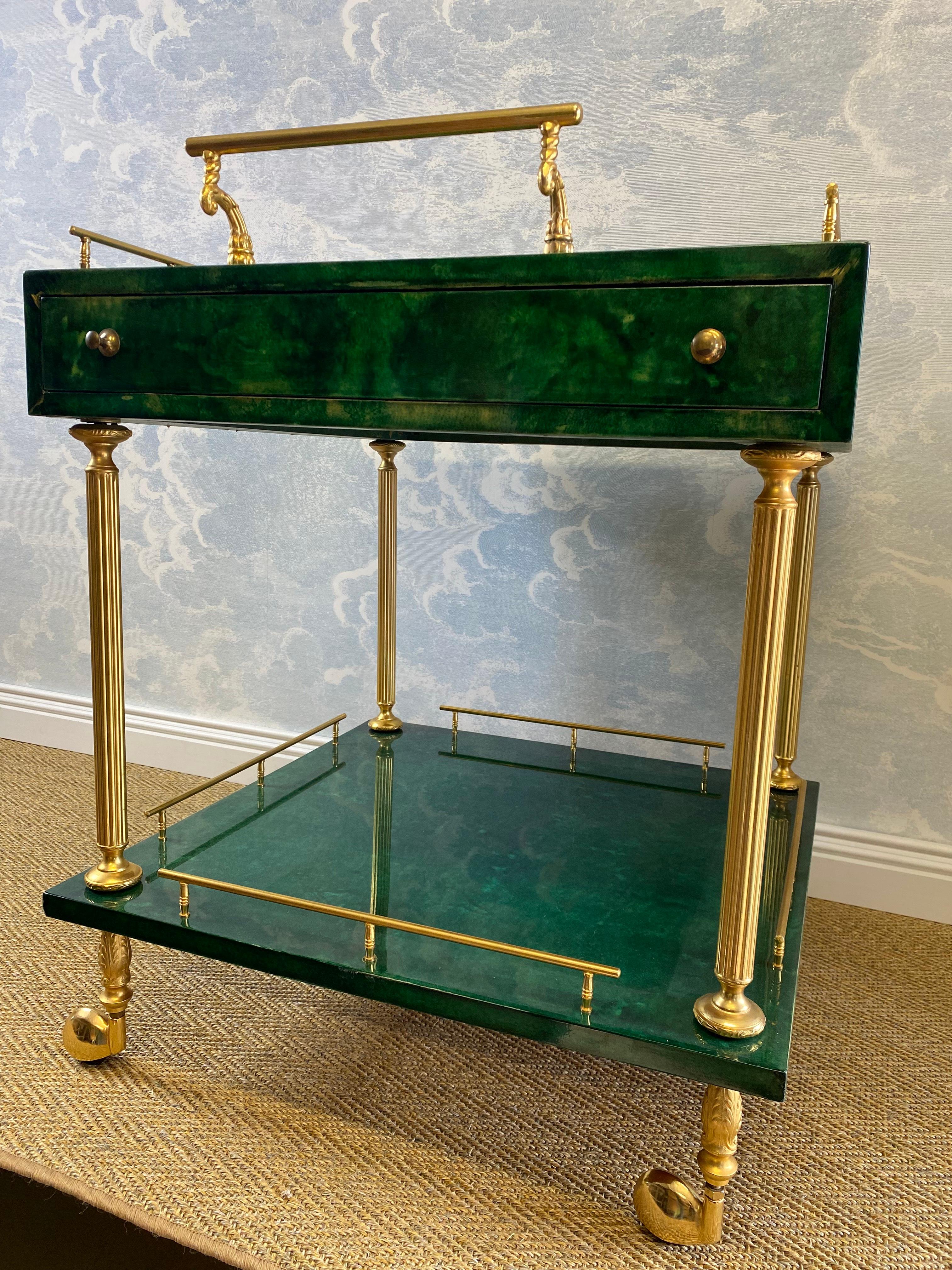 Italian Aldo Tura Side Table on Wheels in Emerald Green with Brass Detail and 2 Drawers For Sale