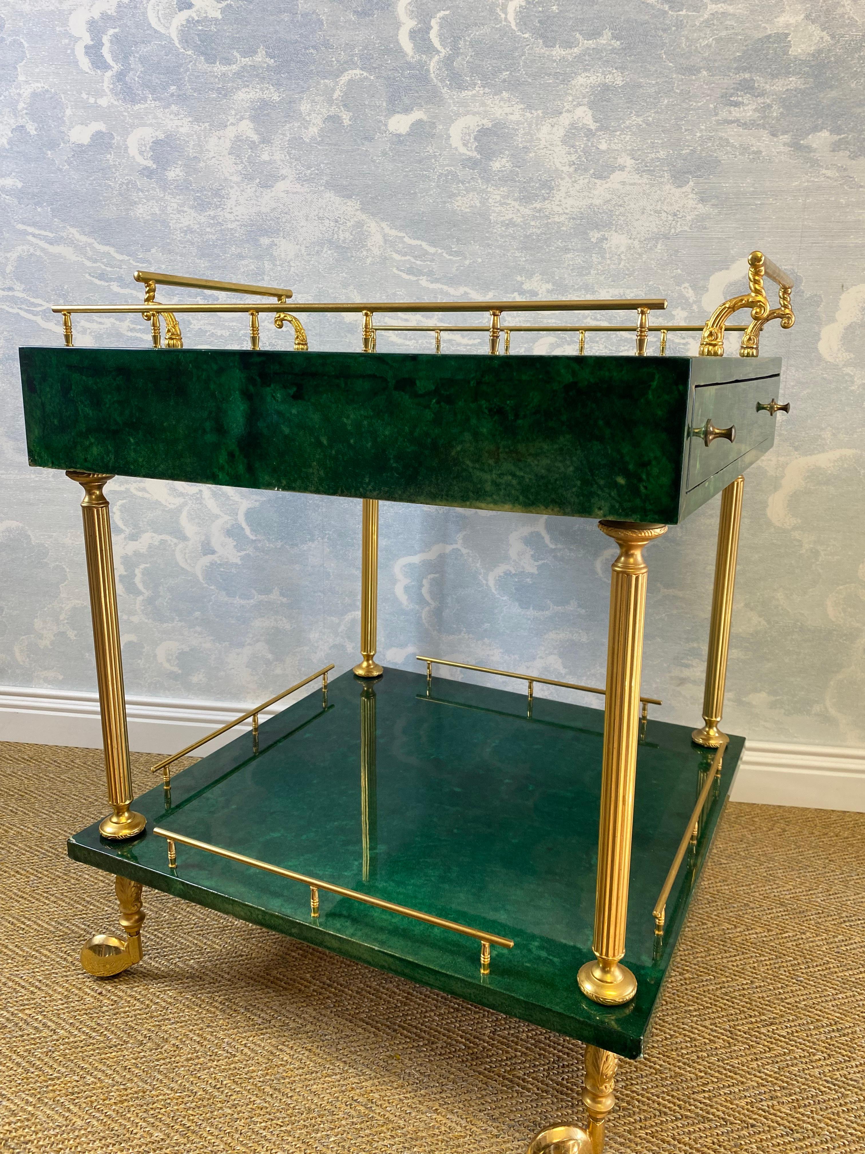 Lacquered Aldo Tura Side Table on Wheels in Emerald Green with Brass Detail and 2 Drawers For Sale