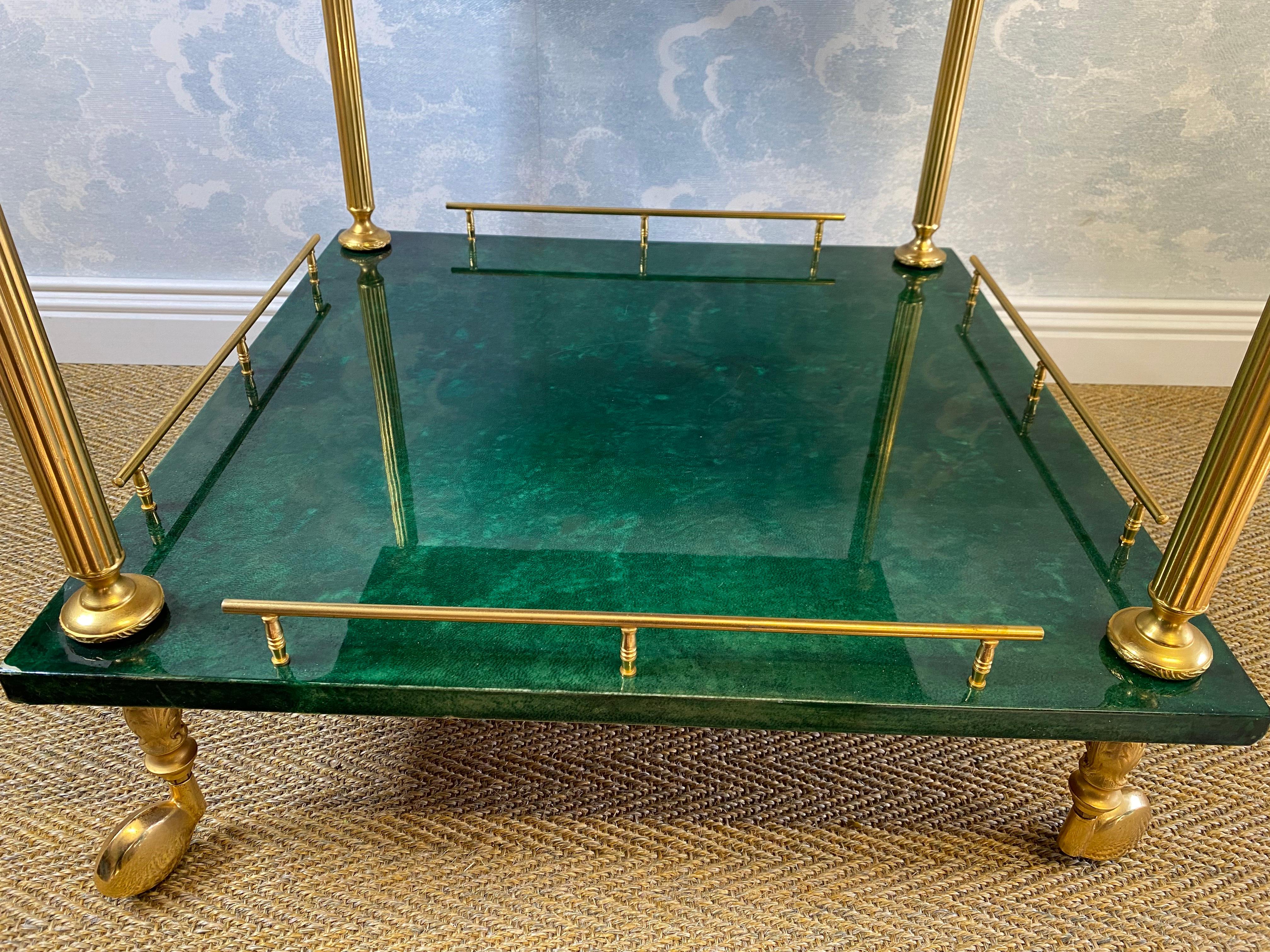 Aldo Tura Side Table on Wheels in Emerald Green with Brass Detail and 2 Drawers In Good Condition For Sale In Cork, IE