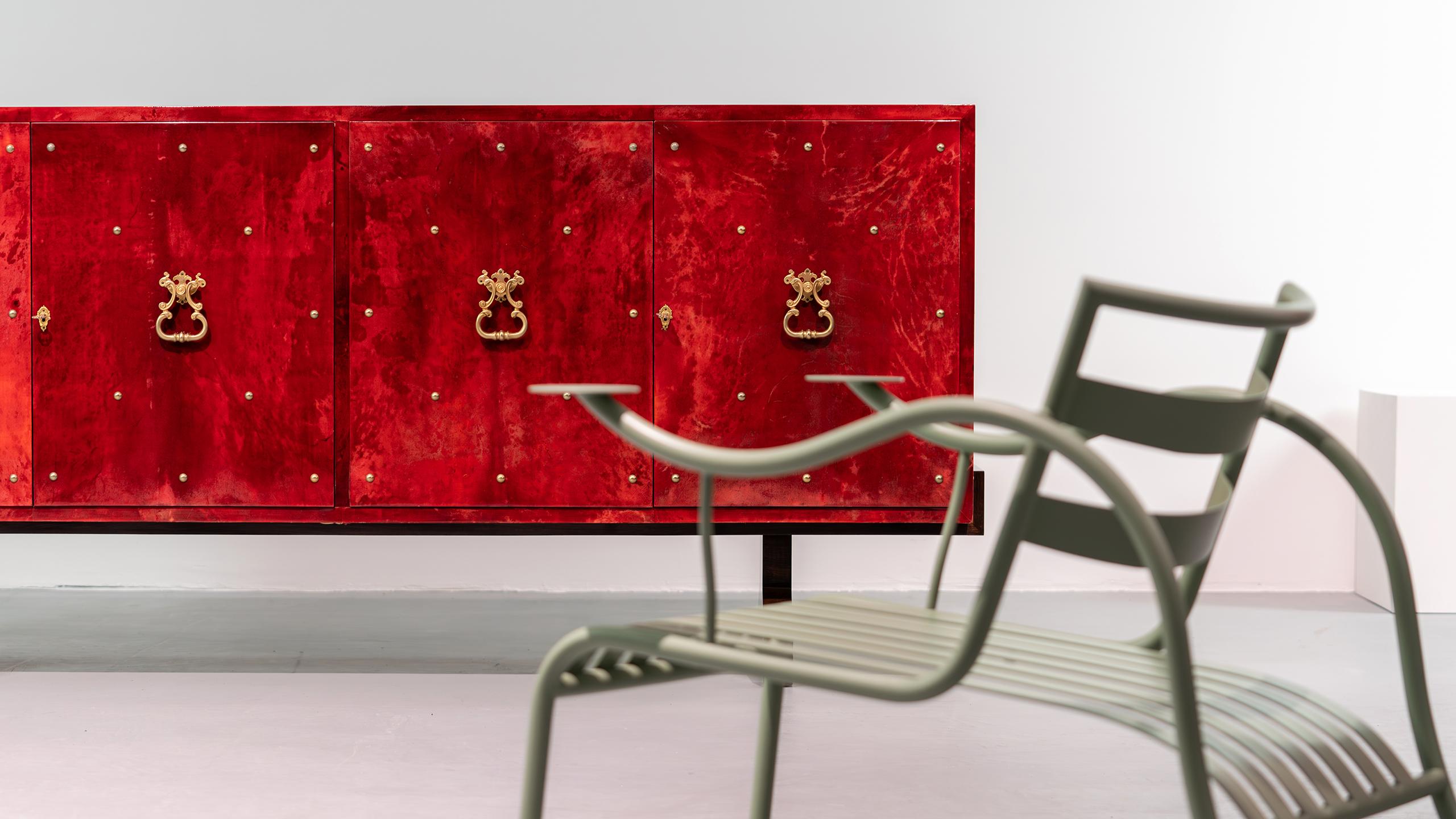 Aldo Tura Sideboard Red Goatskin Highboard Brass Details Hollywood Regency Italy For Sale 3
