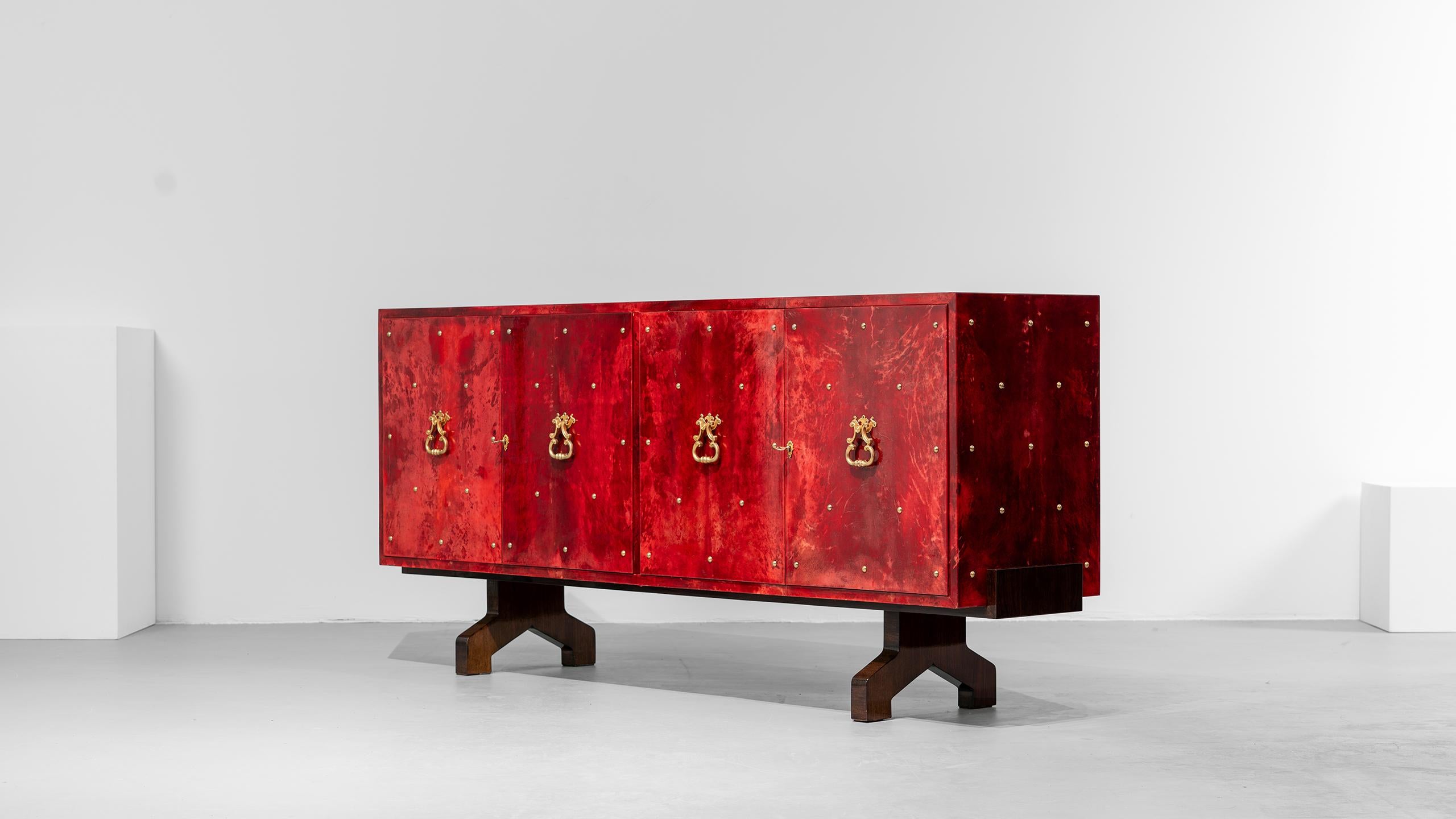 Aldo Tura Sideboard Red Goatskin Highboard Brass Details Hollywood Regency Italy For Sale 9