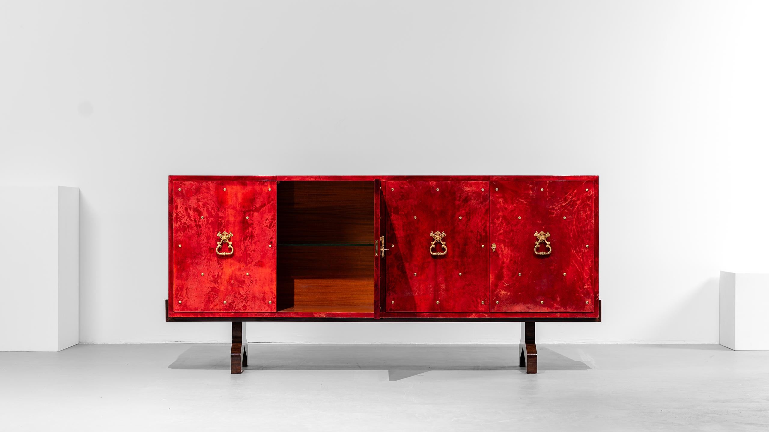 Hand-Crafted Aldo Tura Sideboard Red Goatskin Highboard Brass Details Hollywood Regency Italy For Sale