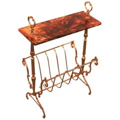 Aldo Tura Signed Goatskin or Vellum Covered Gold Brass Magazine Rack Side Table