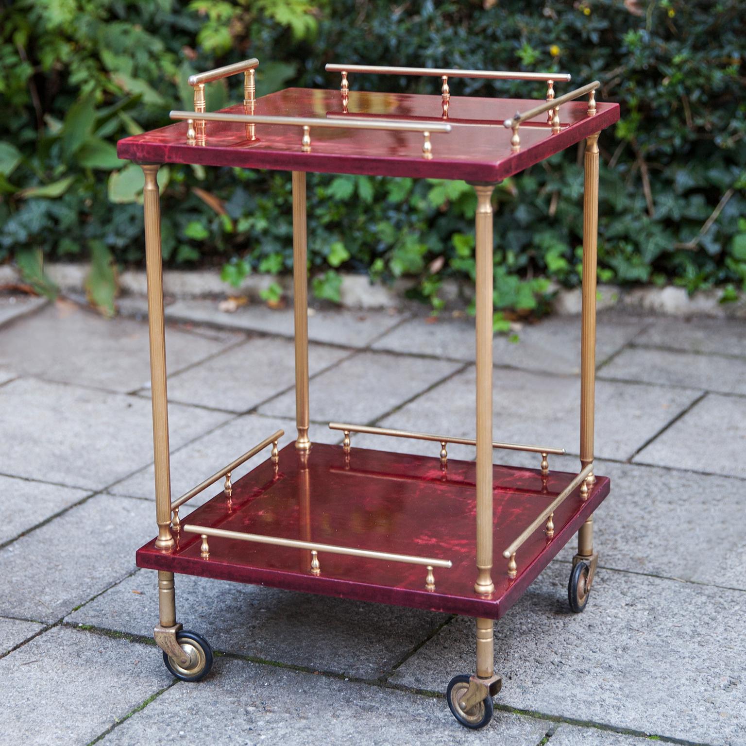 Italian Aldo Tura Squared Purple Red Bar Cart Goatskin