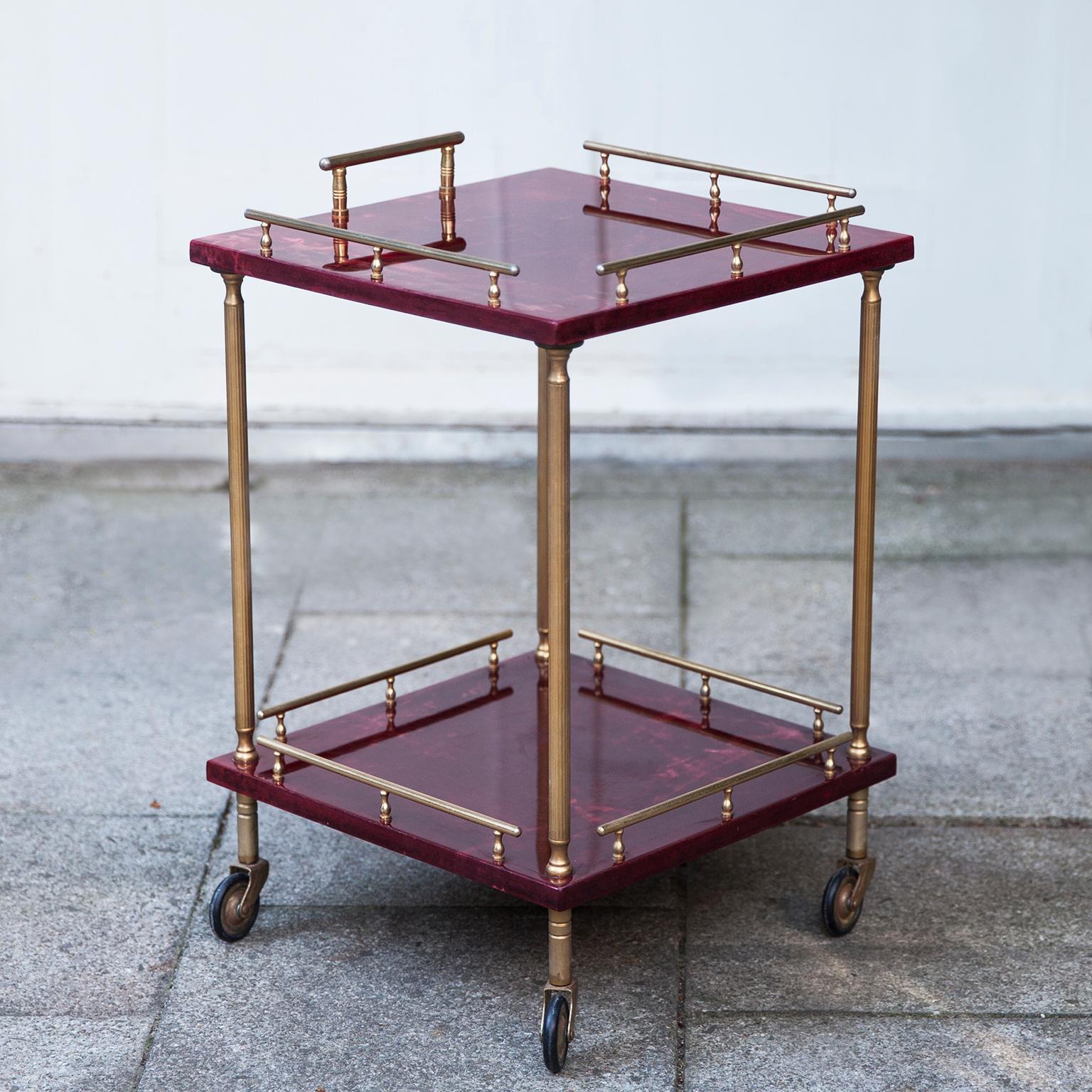 Aldo Tura Squared Purple Red Bar Cart Goatskin In Excellent Condition In Munich, DE