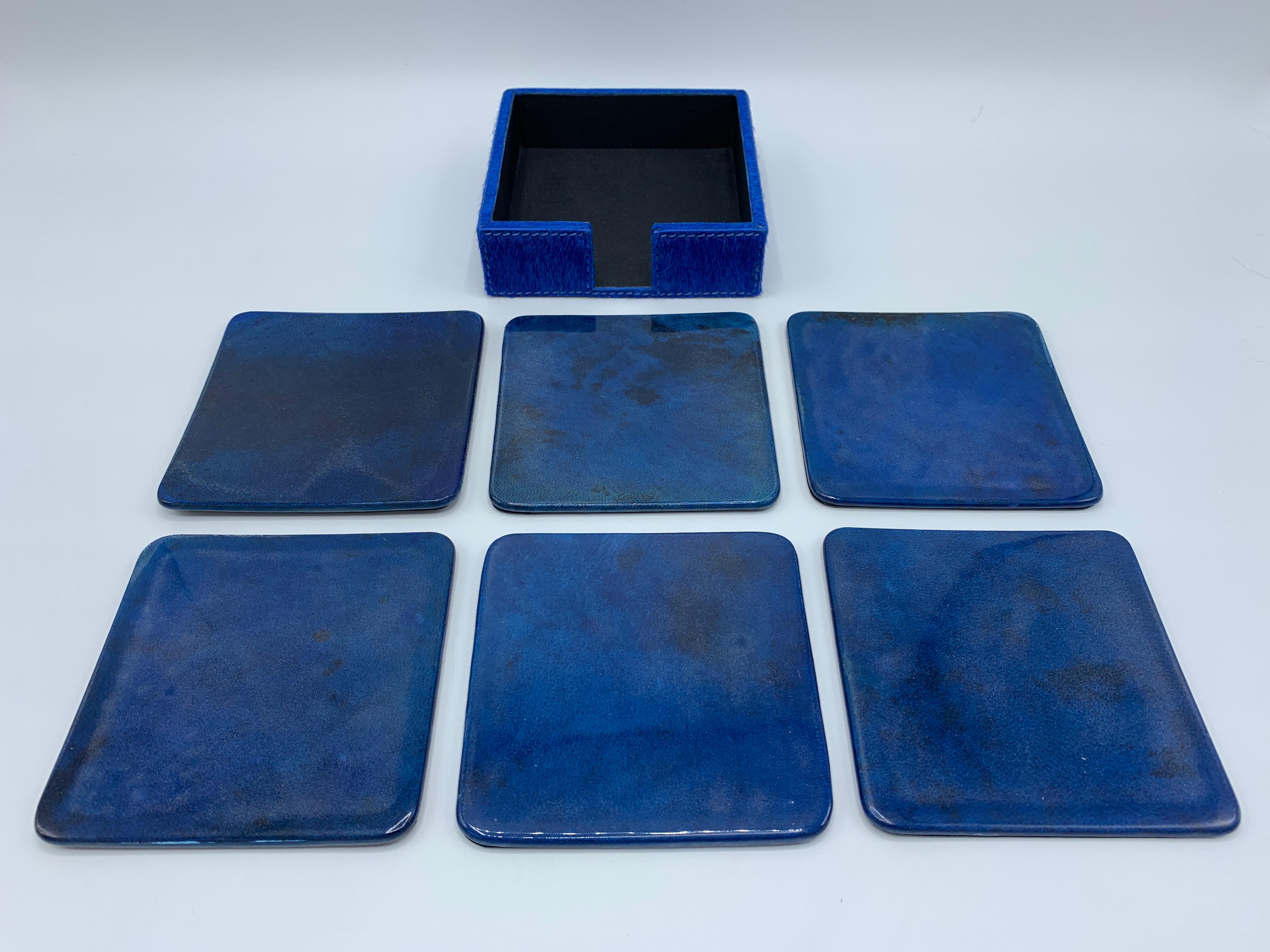 Dyed Aldo Tura Style Blue Lacquered Goatskin Coasters with Hide Tray, Set of 6