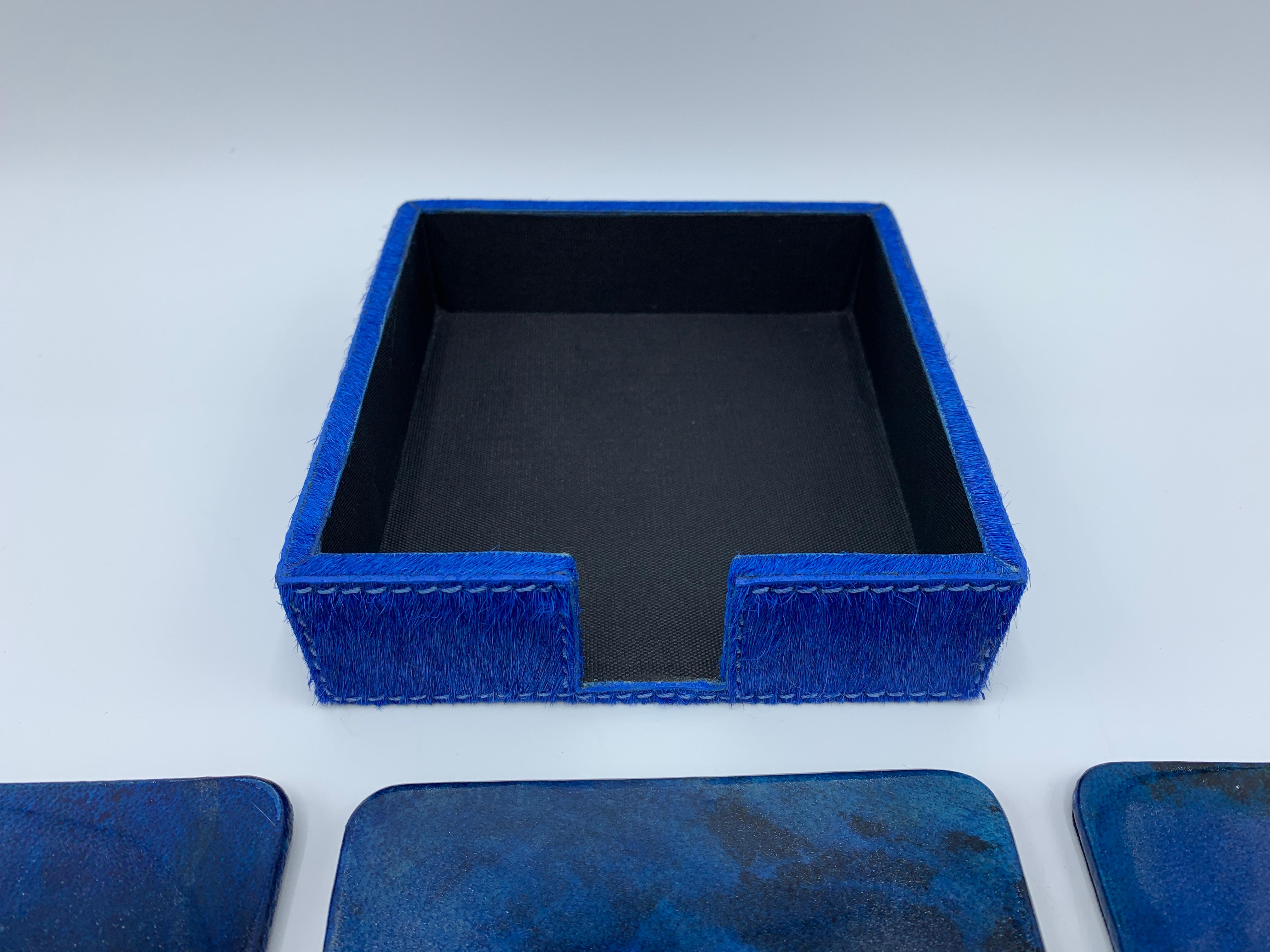 Aldo Tura Style Blue Lacquered Goatskin Coasters with Hide Tray, Set of 6 In Good Condition In Richmond, VA
