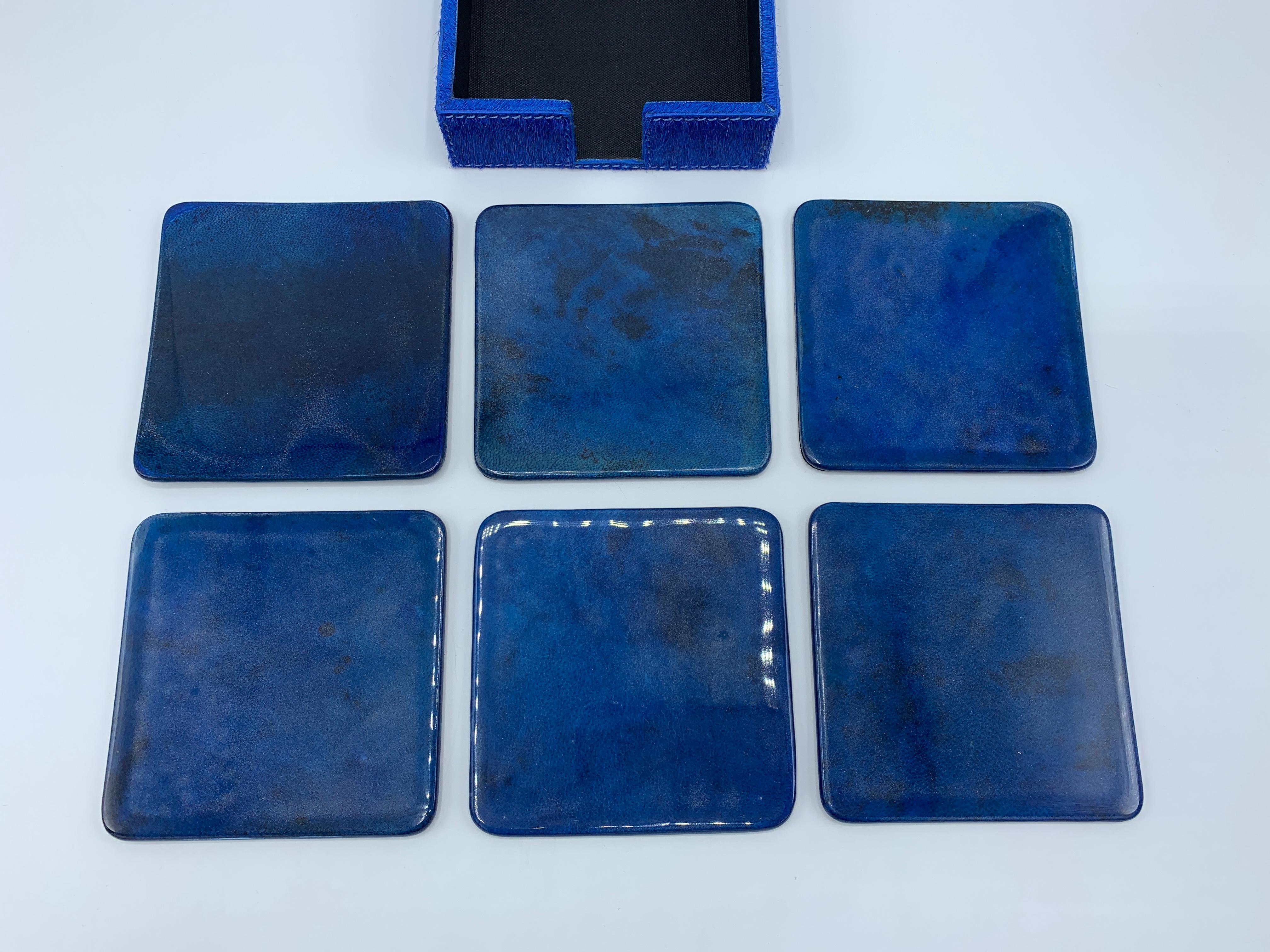 20th Century Aldo Tura Style Blue Lacquered Goatskin Coasters with Hide Tray, Set of 6