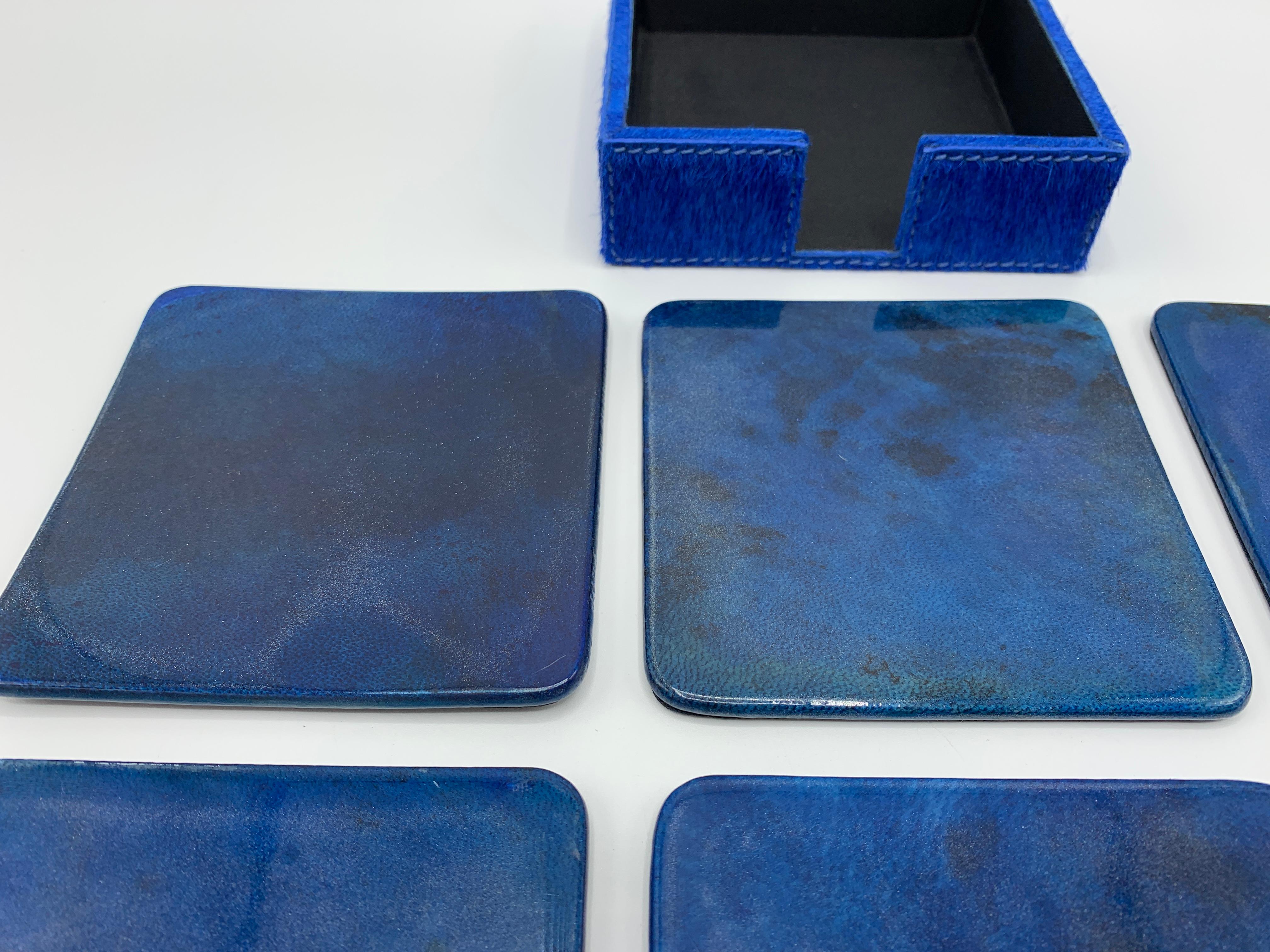 Parchment Paper Aldo Tura Style Blue Lacquered Goatskin Coasters with Hide Tray, Set of 6
