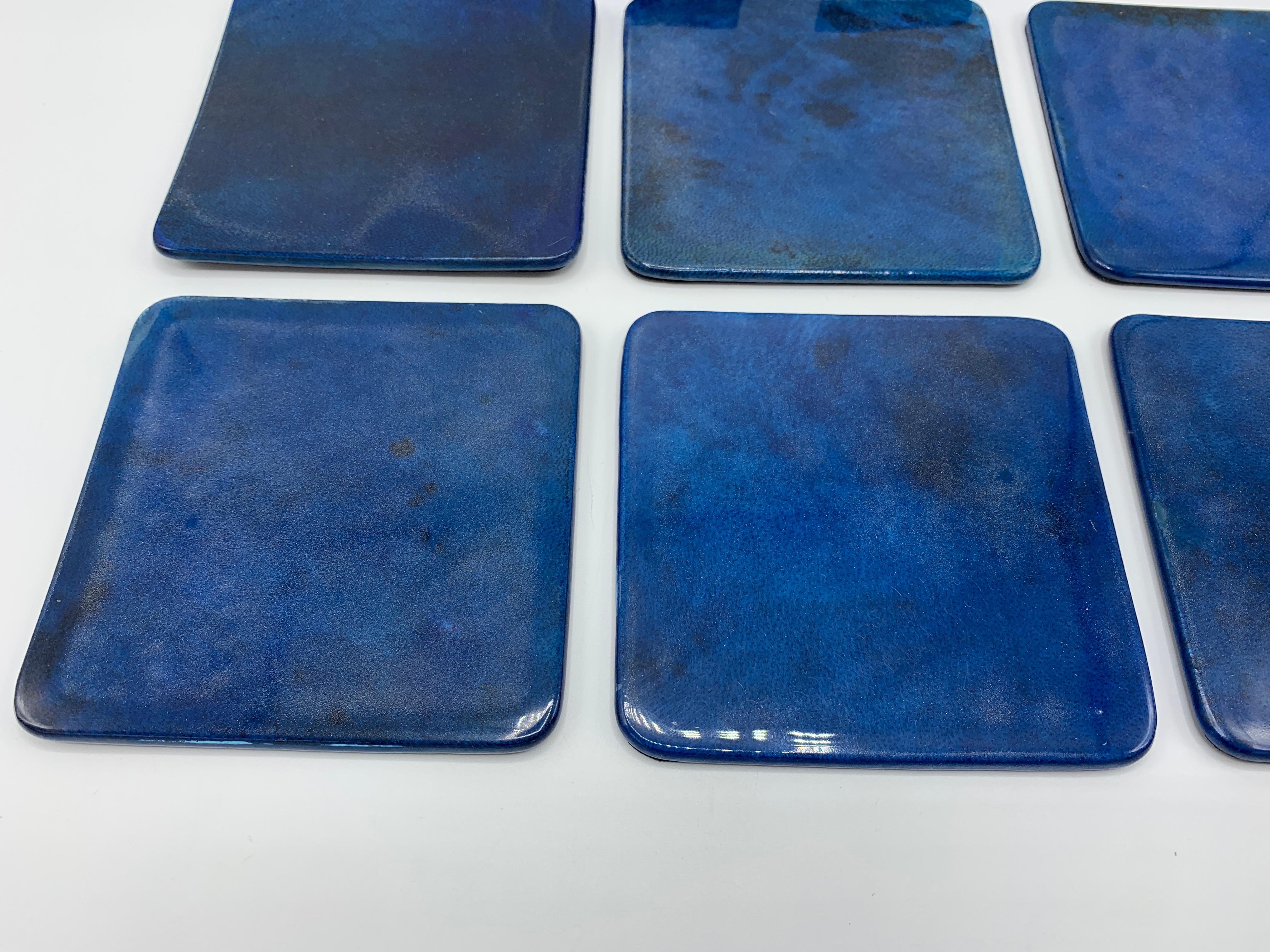 Aldo Tura Style Blue Lacquered Goatskin Coasters with Hide Tray, Set of 6 1
