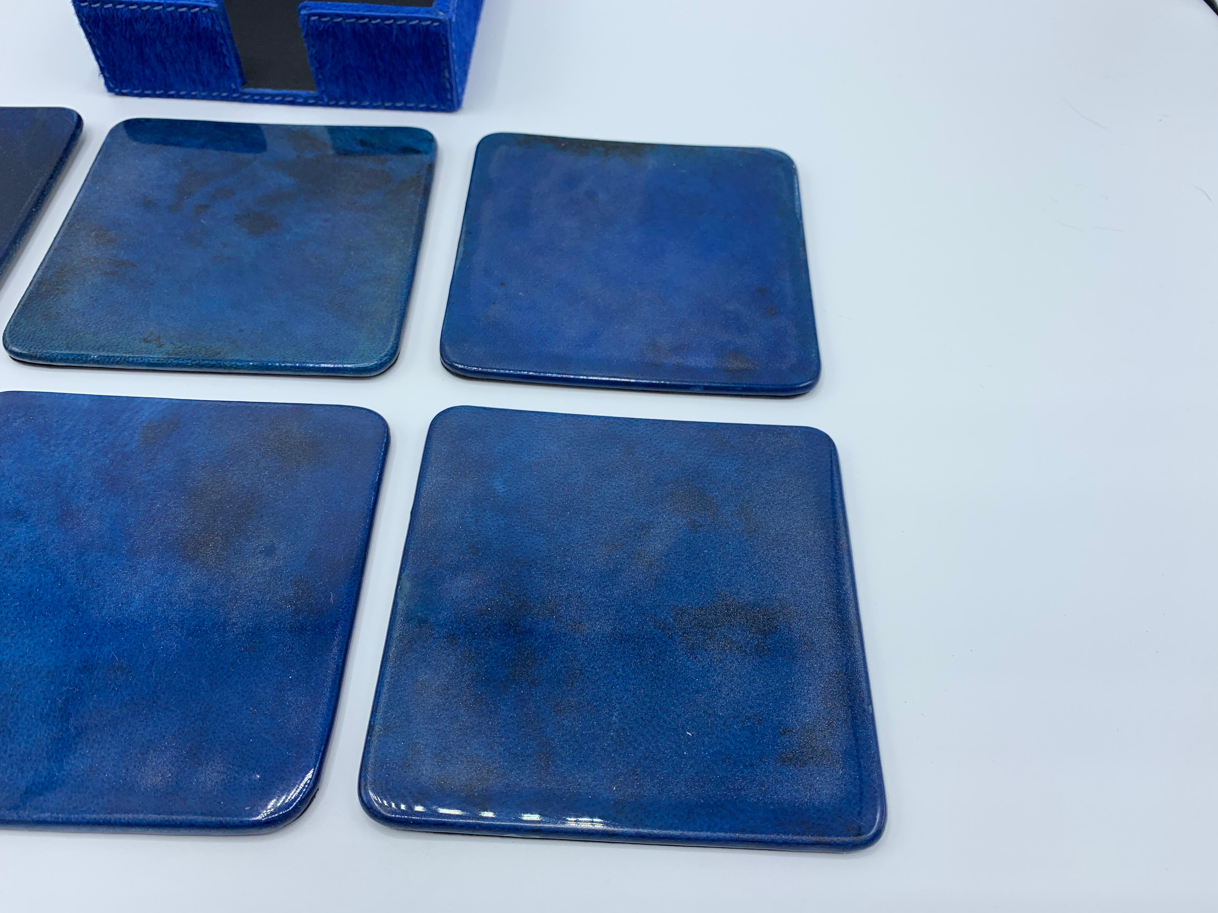 Aldo Tura Style Blue Lacquered Goatskin Coasters with Hide Tray, Set of 6 2