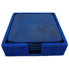 Aldo Tura Style Blue Lacquered Goatskin Coasters with Hide Tray, Set of 6