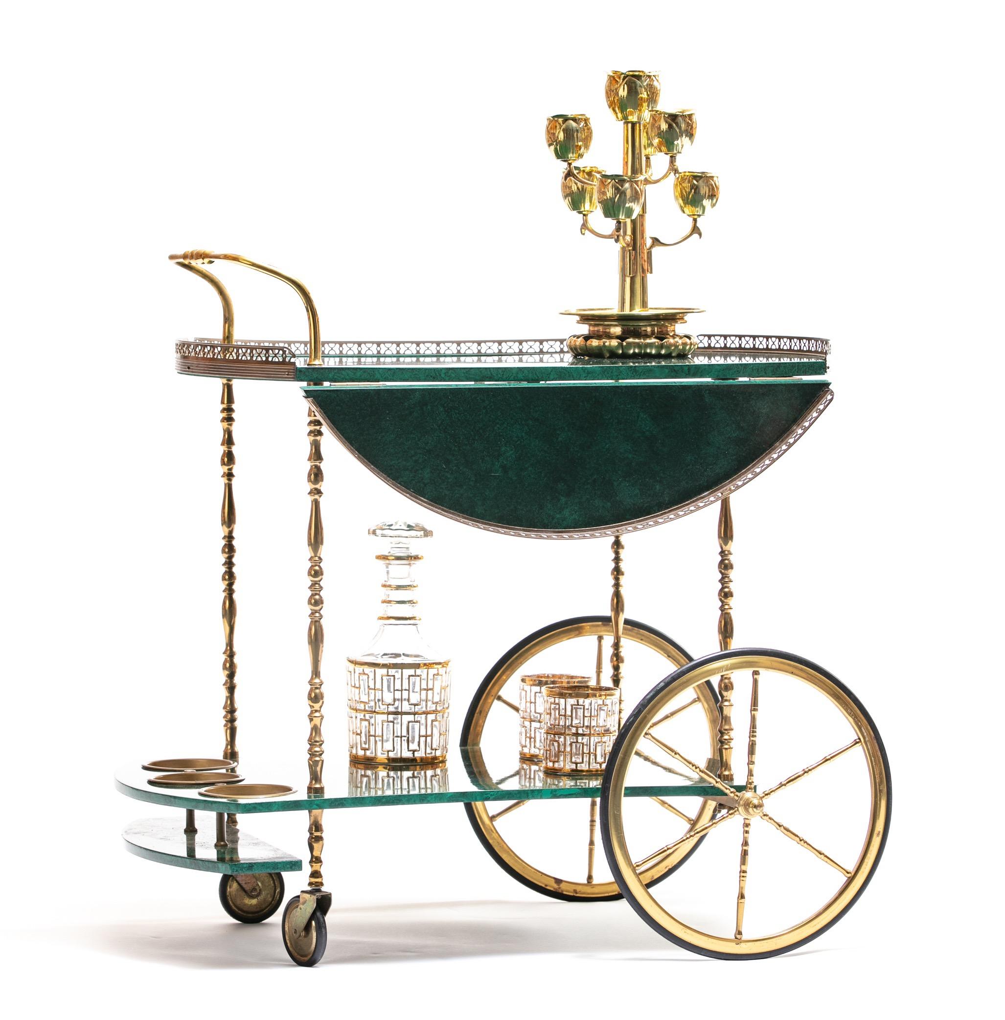 Lacquered Aldo Tura Style Italian Goatskin Lacquer & Brass Bar Cart, circa 1960