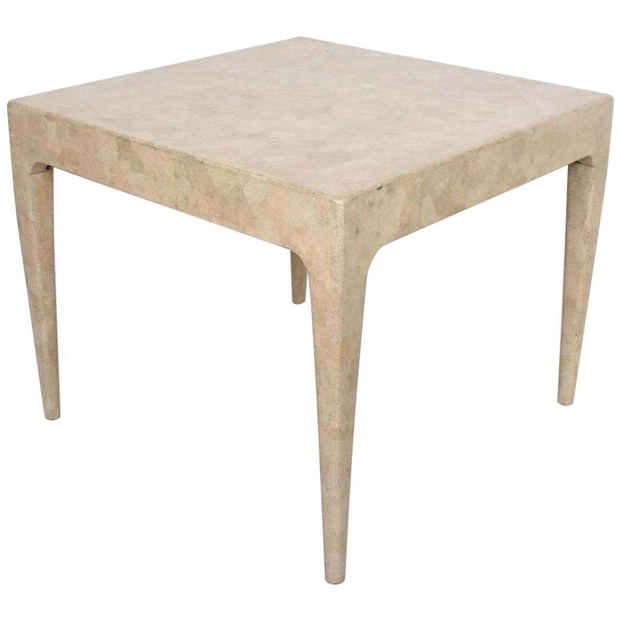 Aldo Tura style tessellated Blonde Wood Side Table.
wood frame has textured small stone fragments.
fabulous texture
style attributed to Maitland Smith inspiration of Aldo Tura.
Unmarked, ghost shadow of original label.
H 22.13 in. x W 27 in. x D 27