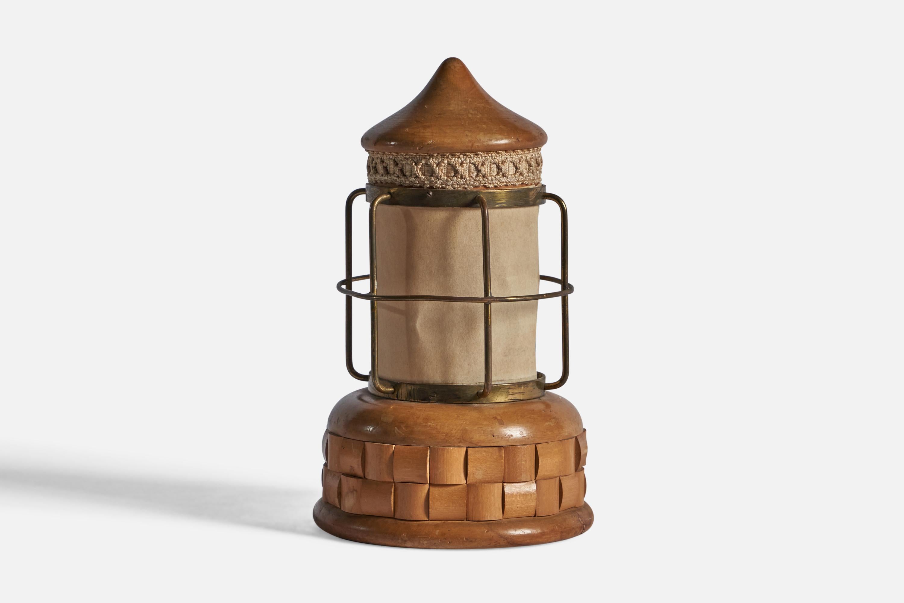 A brass, oak, fabric and paper table lamp, designed and produced by Aldo Tura, Italy, c. 1940s.

Overall Dimensions: 10.25