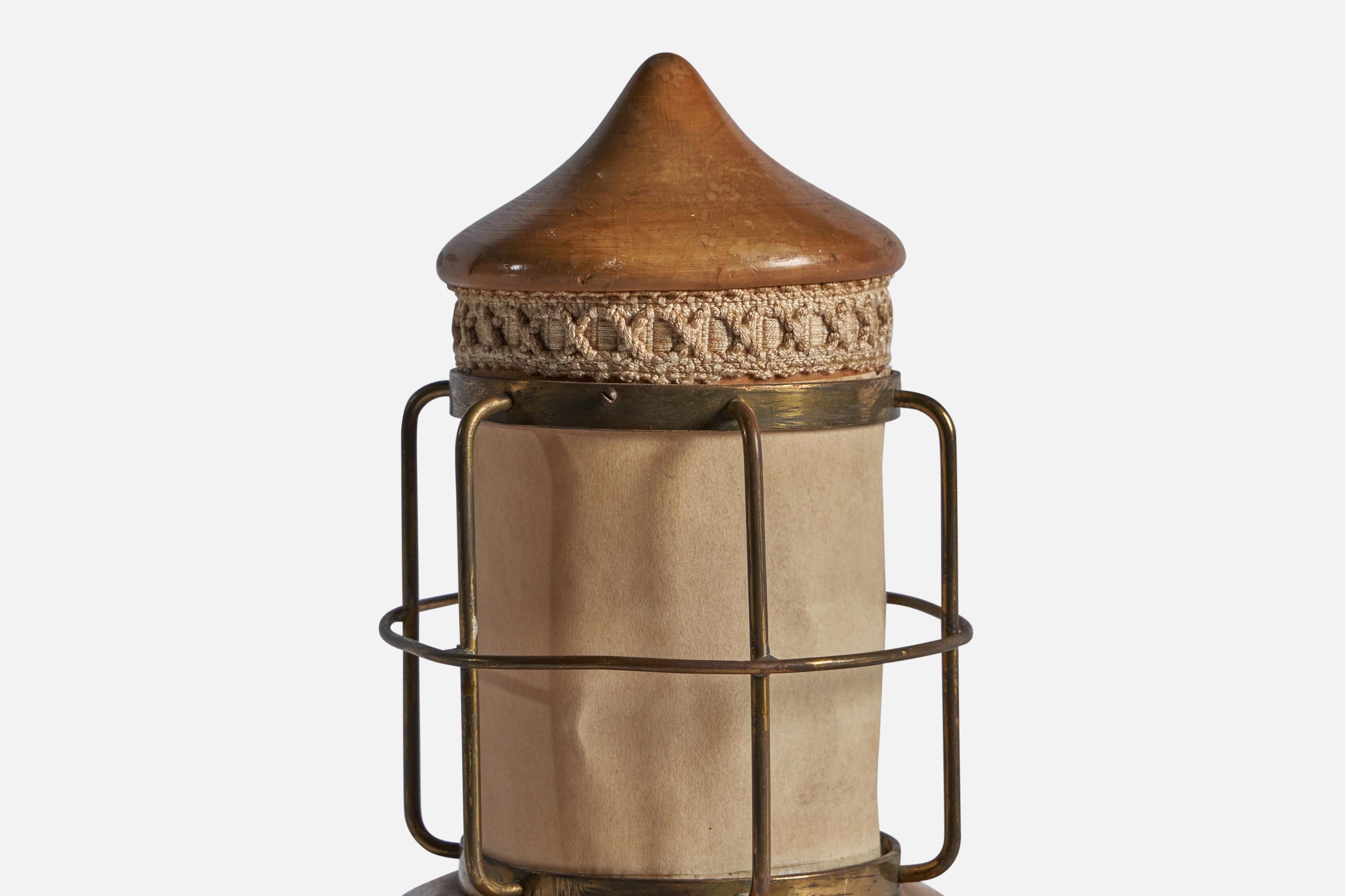 Italian Aldo Tura, Table Lamp, Brass, Oak, Fabric, Paper, Italy, 1940s For Sale