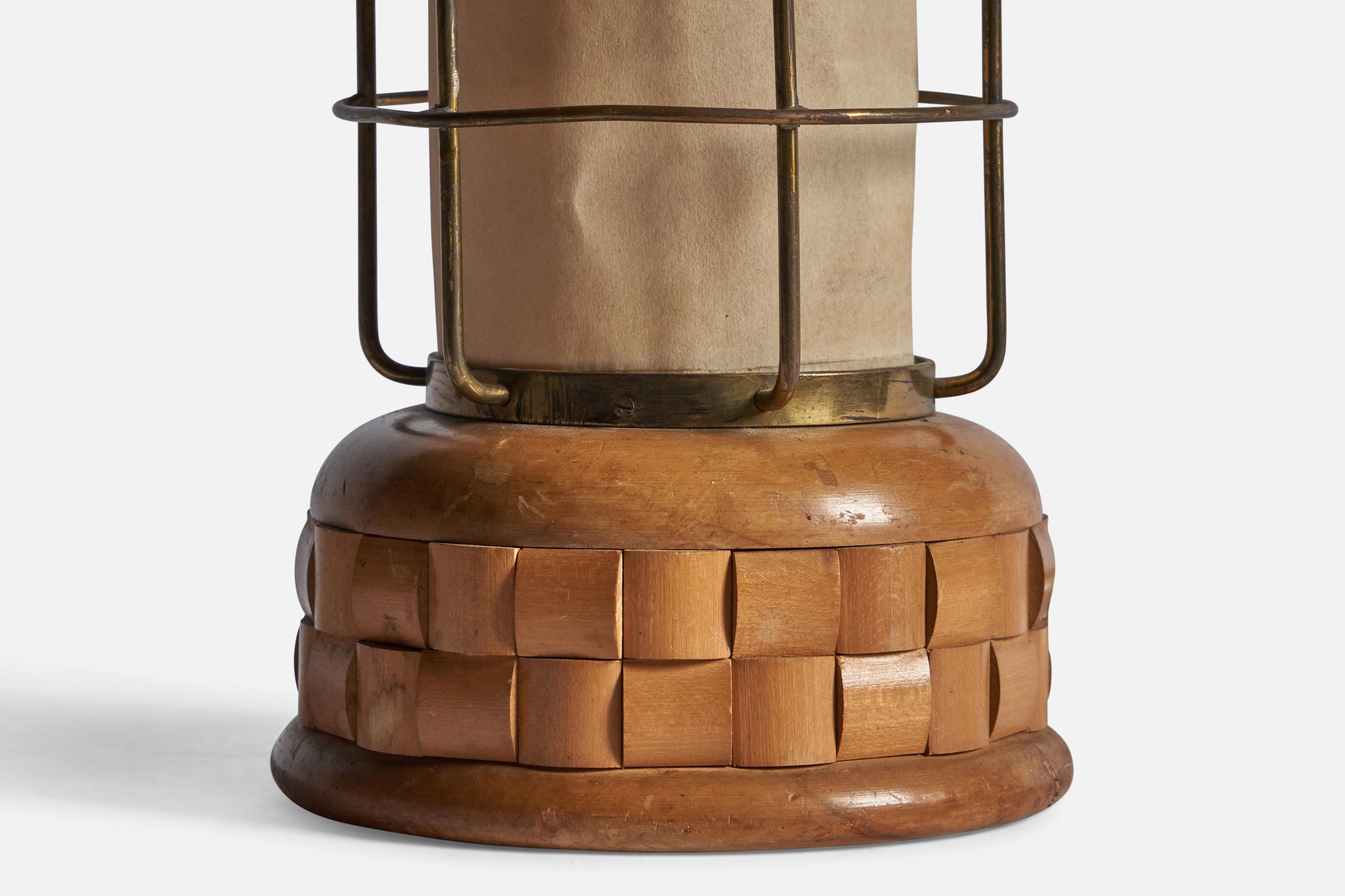 Aldo Tura, Table Lamp, Brass, Oak, Fabric, Paper, Italy, 1940s In Fair Condition For Sale In High Point, NC