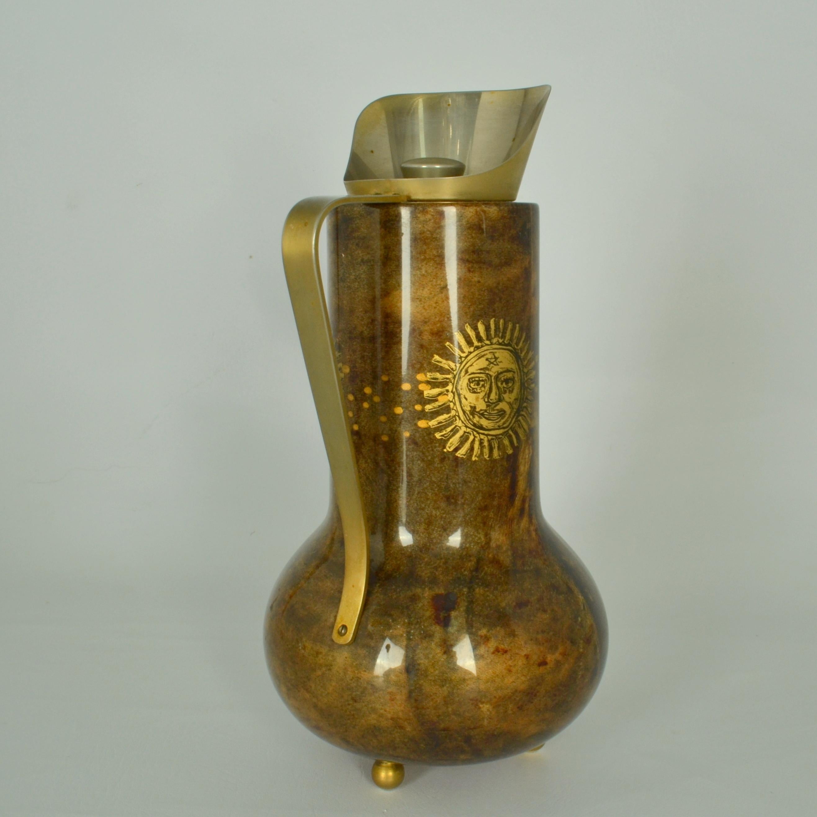 Goatskin Aldo Tura Thermos Flask Parchment and Gilded Sun For Sale