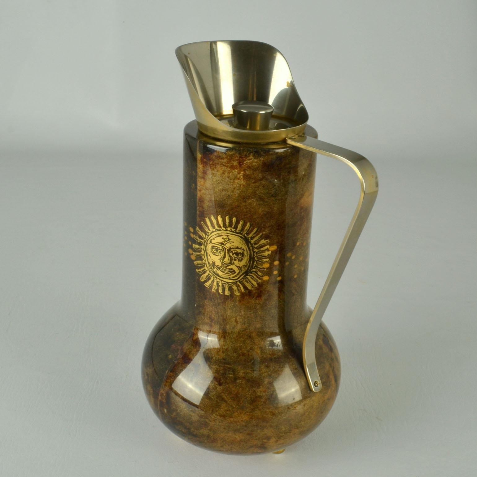 Italian Aldo Tura Thermos Flask Parchment and Gilded Sun For Sale